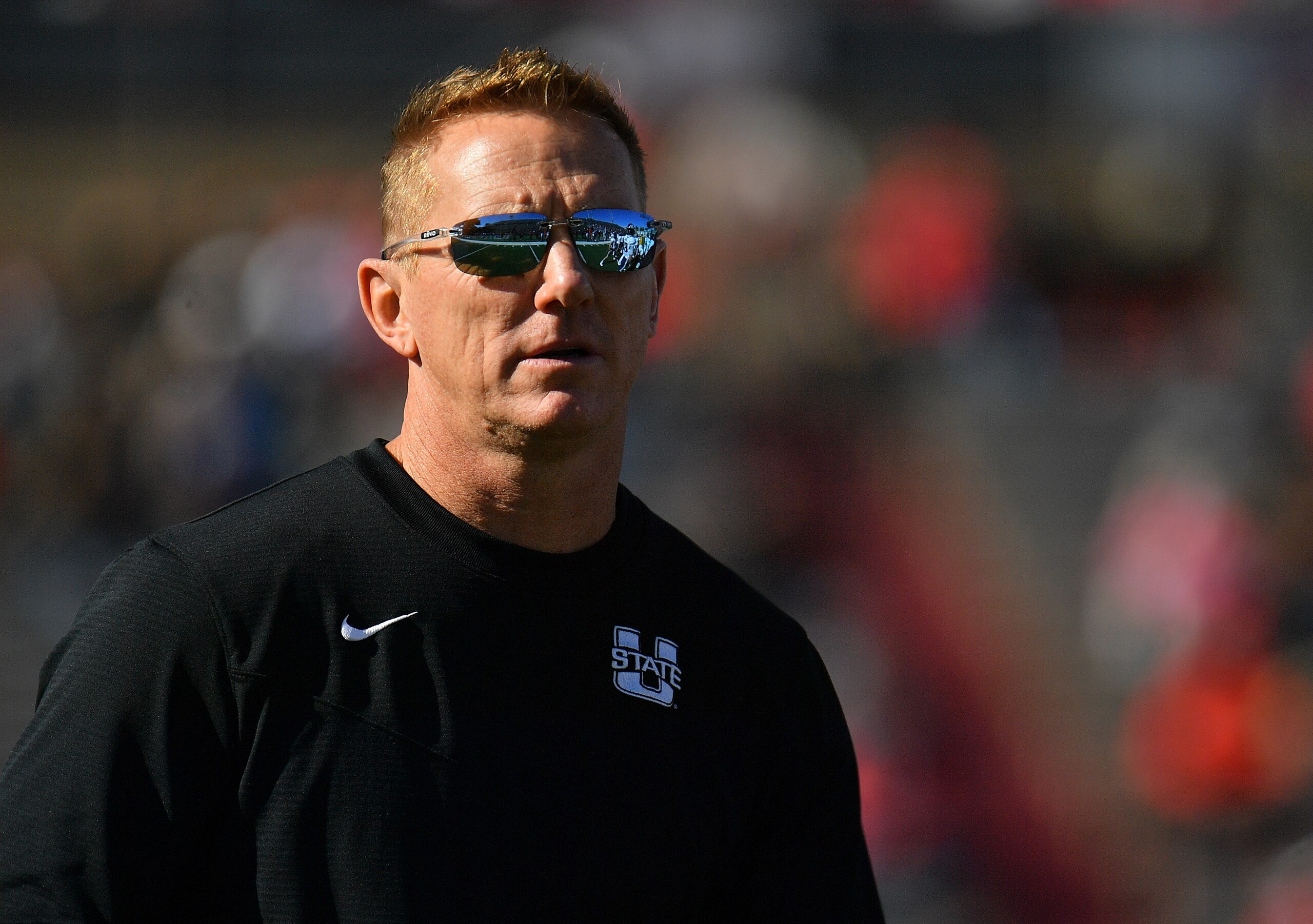 ALBUQUERQUE, NEW MEXICO - NOVEMBER 26:  Head coach Blake Anderson of the Utah State Aggies looks on during the first half of his team's game against the New Mexico Lobos at University Stadium on November 26, 2021 in Albuquerque, New Mexico.  (Photo by Sam Wasson/Getty Images)