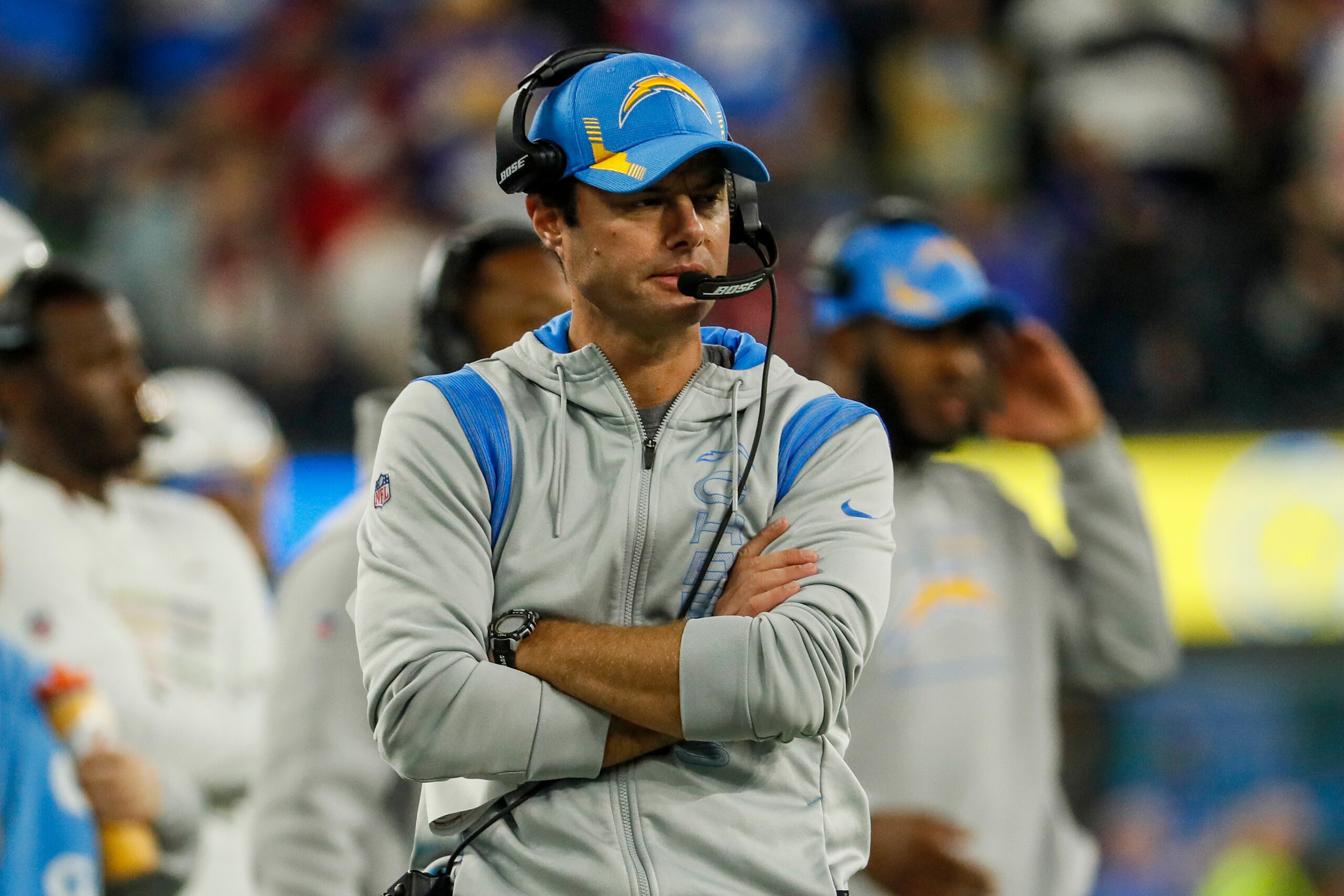 Inglewood, CA, Thursday, December 16, 2021 - Los Angeles Chargers head coach Brandon Staley on the sidelines as the Chargers take on the Kansas City Chiefs at SoFi Stadium. (Robert Gauthier/Los Angeles Times via Getty Images)