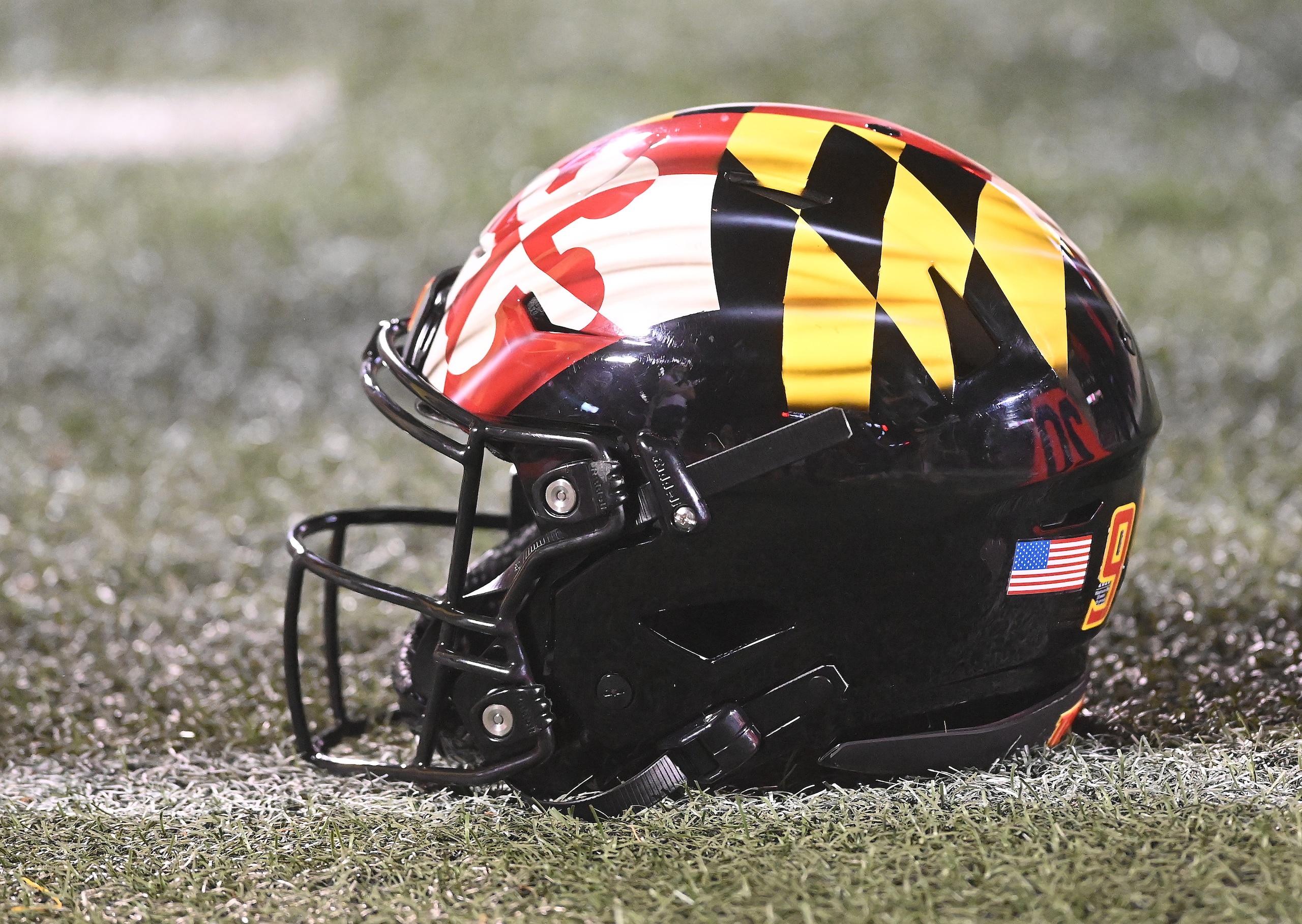 CHAMPAIGN, IL - SEPTEMBER 17: A Maryland fiootball helmet on the field as seen during a college football game between the Maryland Terrapins and the University of Illinois Fighting Illini on September 17, 2021, at Memorial Stadium,  Champaign, IL.  (Photo by Keith Gillett/Icon Sportswire via Getty Images),