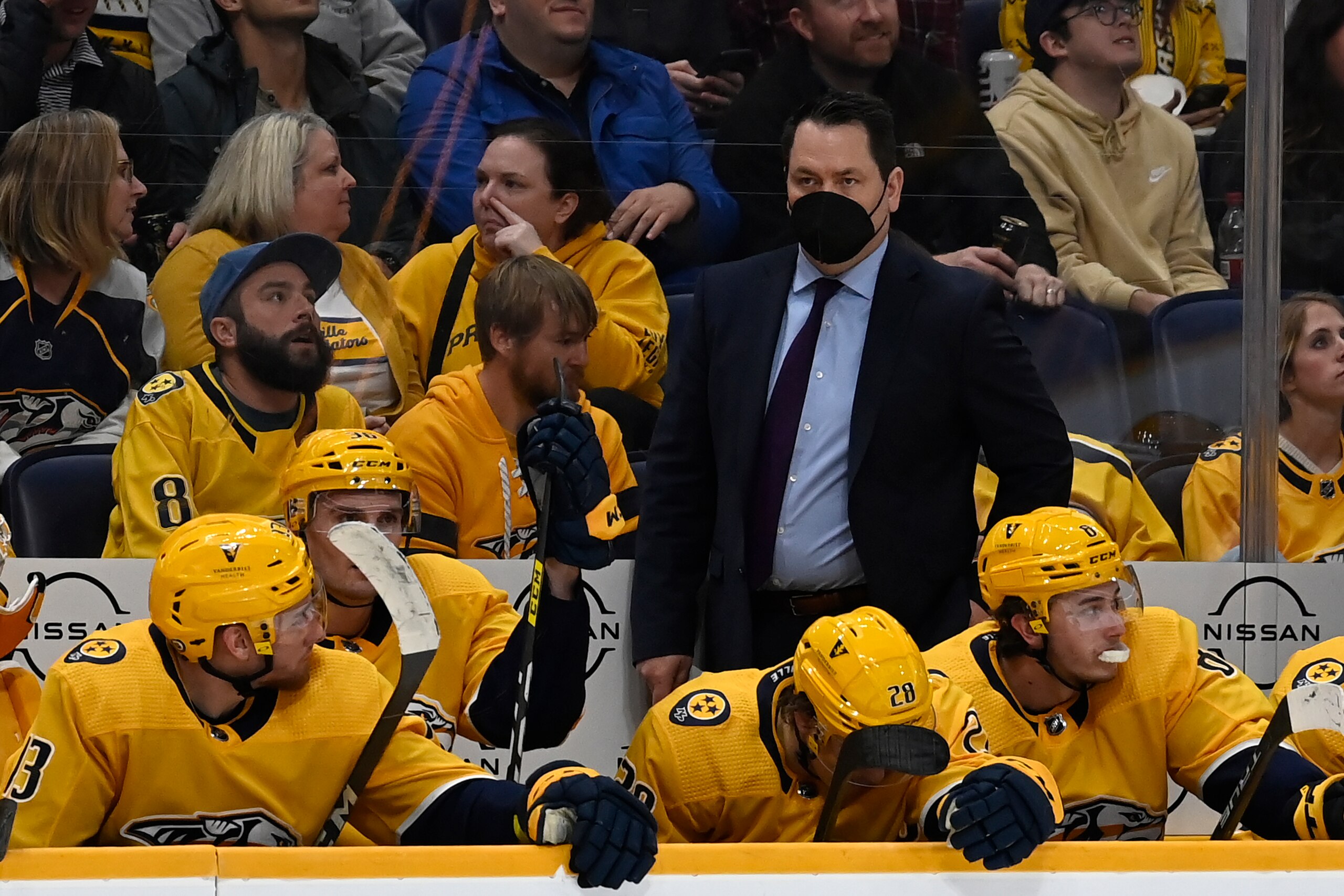 Karl Taylor, coach of the Nashville affiliate the Milwaukee Admirals, coaches the Nashville Predators against the Colorado Avalanche during the third period of an NHL hockey game Thursday, Dec. 16, 2021, in Nashville, Tenn. (AP Photo/Mark Zaleski) Karl Taylor, coach of the Nashville affiliate the Milwaukee Admirals, coaches the Nashville Predators against the Colorado Avalanche during the third period of an NHL hockey game Thursday, Dec. 16, 2021, in Nashville, Tenn. (AP Photo/Mark Zaleski)