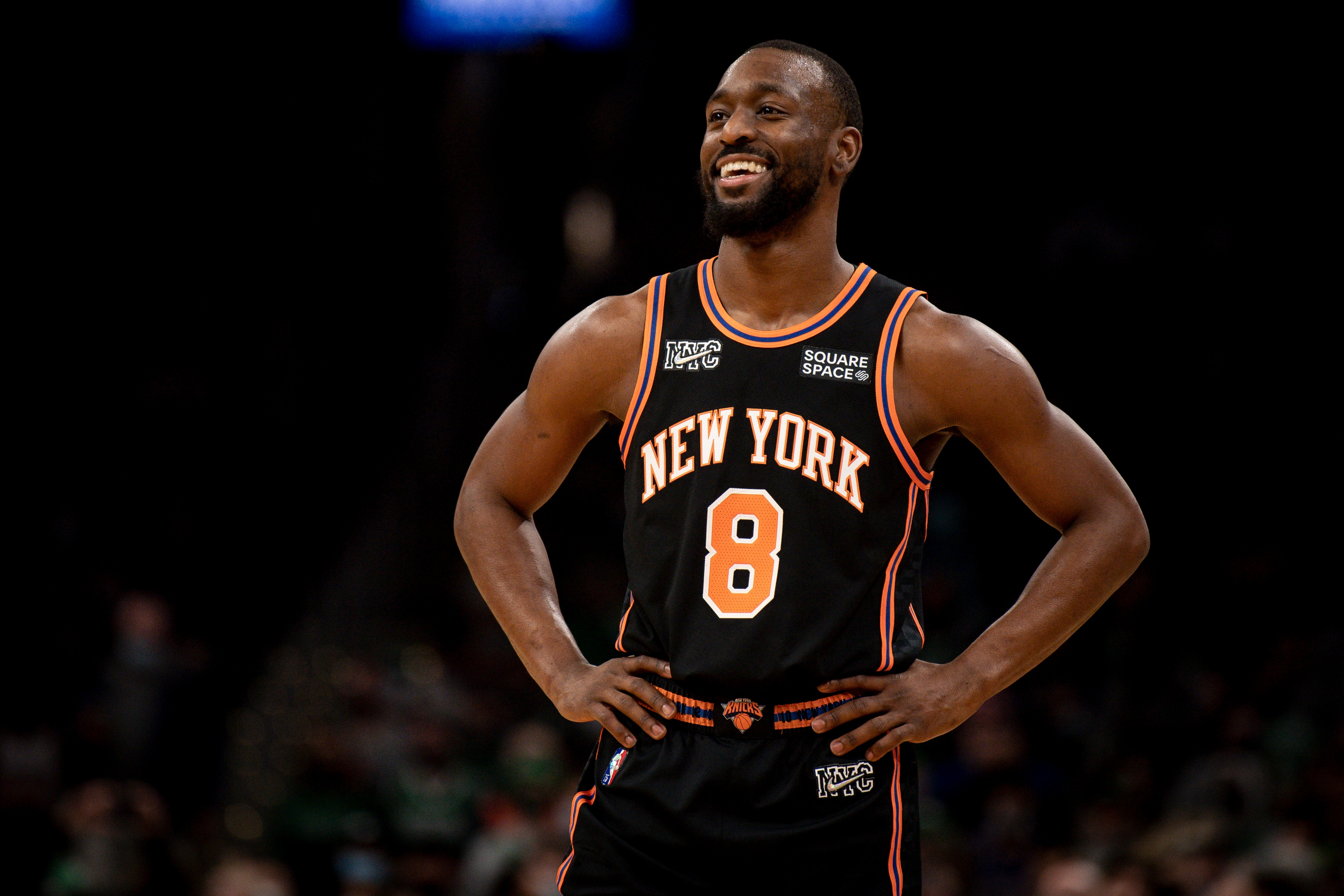 BOSTON, MASSACHUSETTS - DECEMBER 18: Kemba Walker #8 of the New York Knicks reacts during the first half of a game against the Boston Celtics at TD Garden on December 18, 2021 in Boston, Massachusetts. NOTE TO USER: User expressly acknowledges and agrees that, by downloading and or using this photograph, User is consenting to the terms and conditions of the Getty Images License Agreement. (Photo by Maddie Malhotra/Getty Images)
