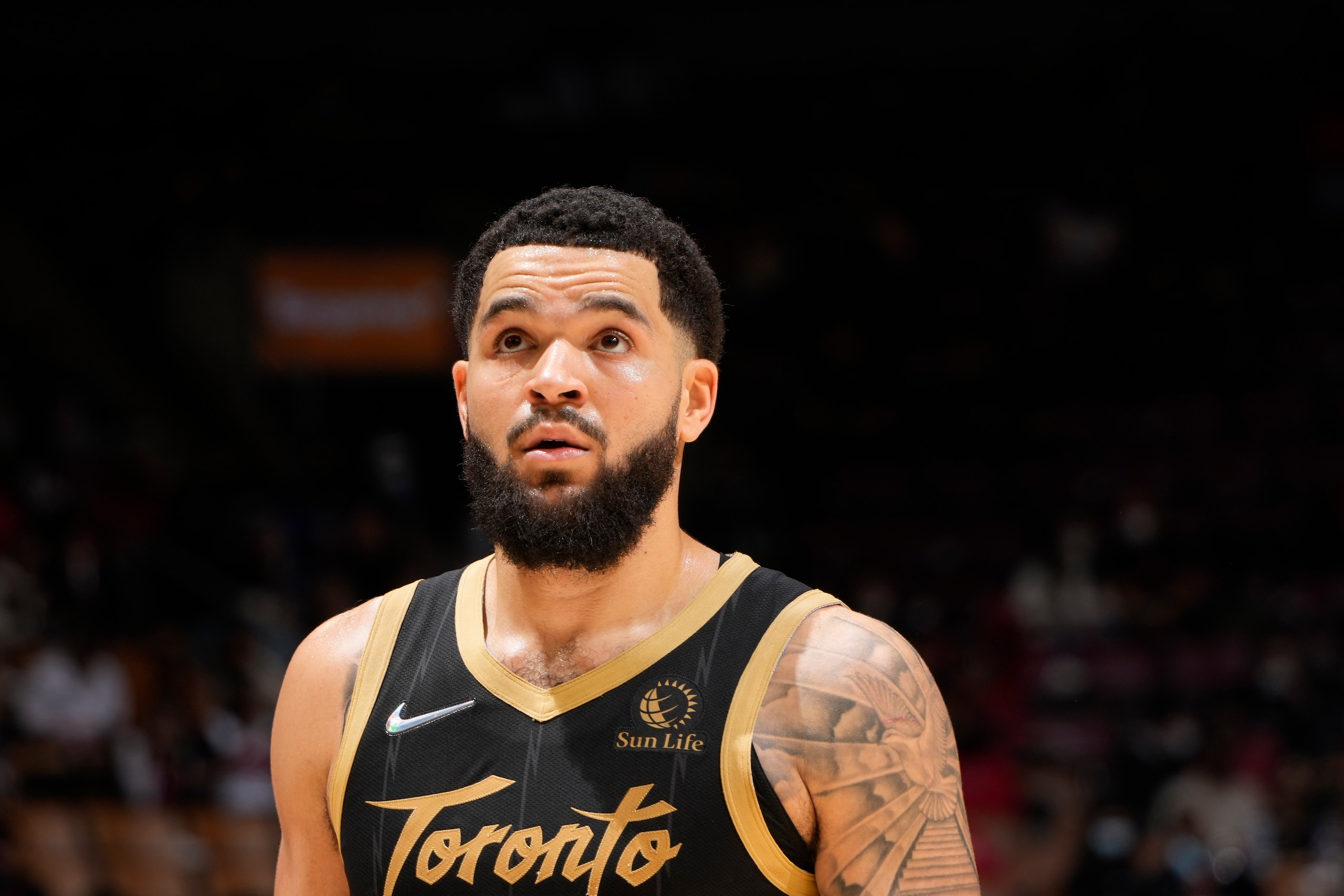 TORONTO, CANADA - DECEMBER 18: Fred VanVleet #23 of the Toronto Raptors looks on during the game against the Golden State Warriors on December 18, 2021 at the Scotiabank Arena in Toronto, Ontario, Canada.  NOTE TO USER: User expressly acknowledges and agrees that, by downloading and or using this Photograph, user is consenting to the terms and conditions of the Getty Images License Agreement.  Mandatory Copyright Notice: Copyright 2021 NBAE (Photo by Mark Blinch/NBAE via Getty Images)