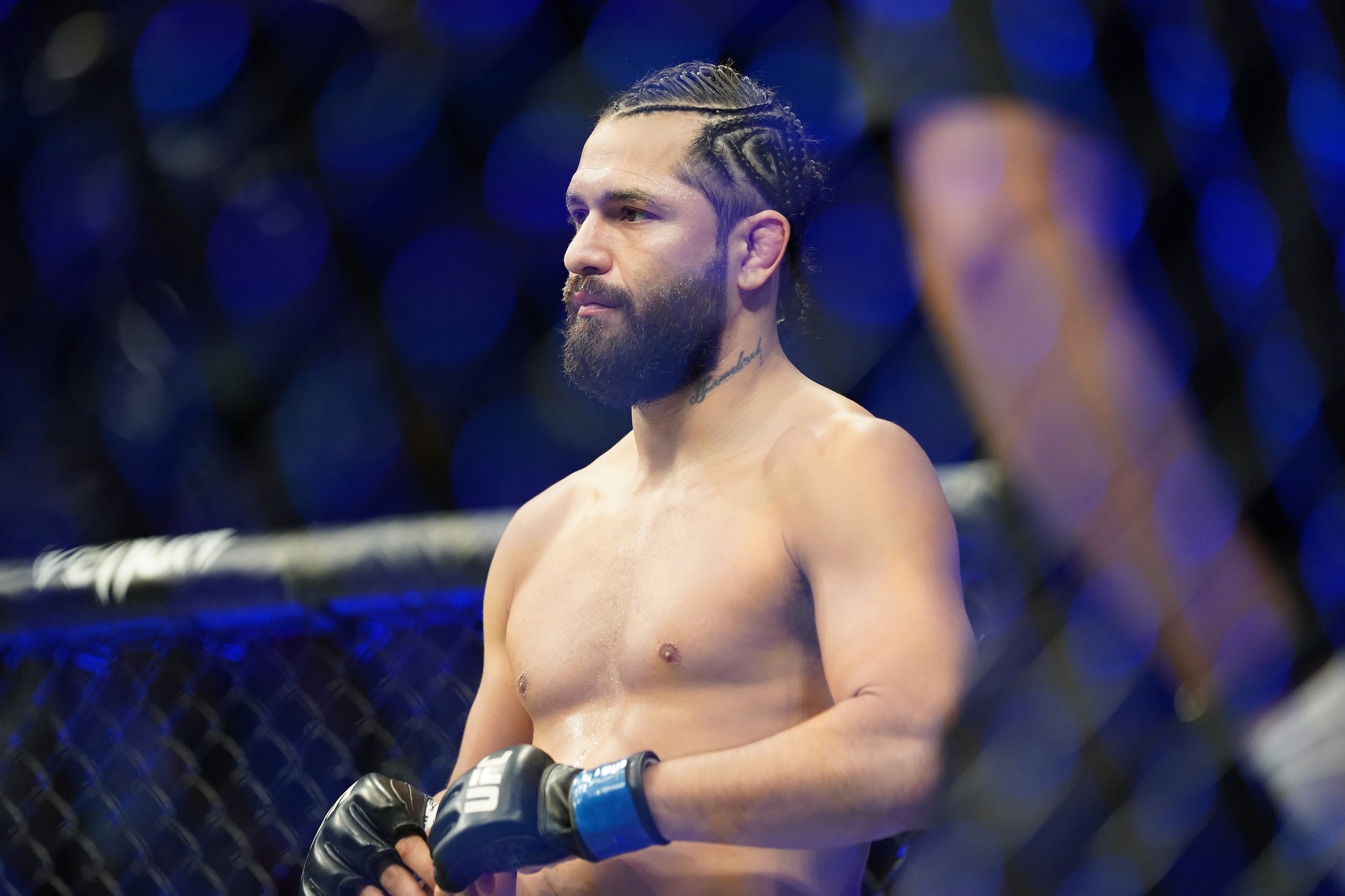 JACKSONVILLE, FL - APRIL 24: Jorge Masvidal before his fight against  Kamaru Usman in the octagon for a 5 round welterweight bout during the UFC 261: Usman vs Masvidal 2 Event at VyStar Veterans Memorial Arena on April 24, 2021 in Jacksonville, Florida. (Photo by Louis Grasse/PxImages/Icon Sportswire via Getty Images)