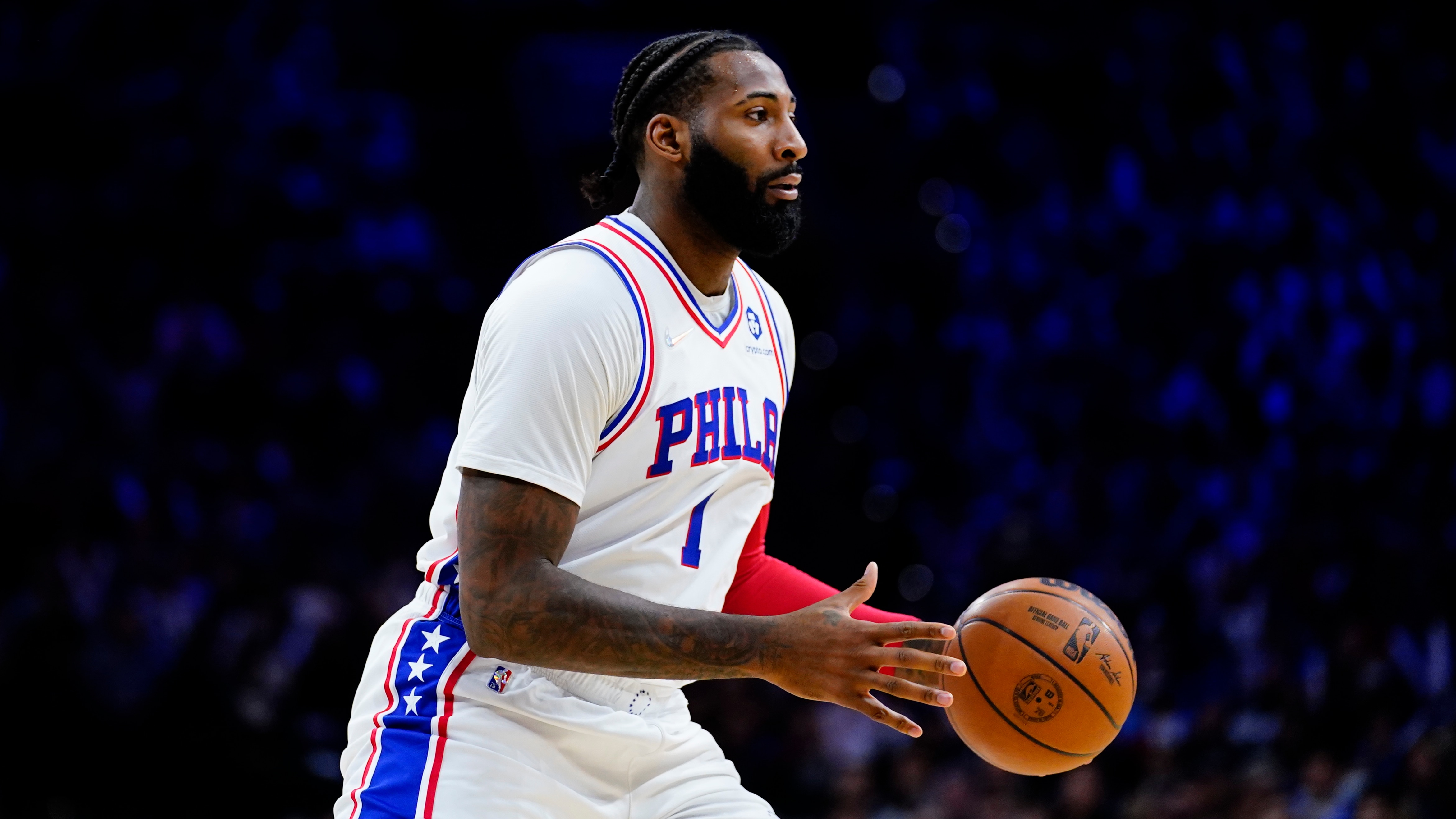 Philadelphia 76ers' Andre Drummond plays during an NBA basketball game, Saturday, Nov. 27, 2021, in Philadelphia. (AP Photo/Matt Slocum)