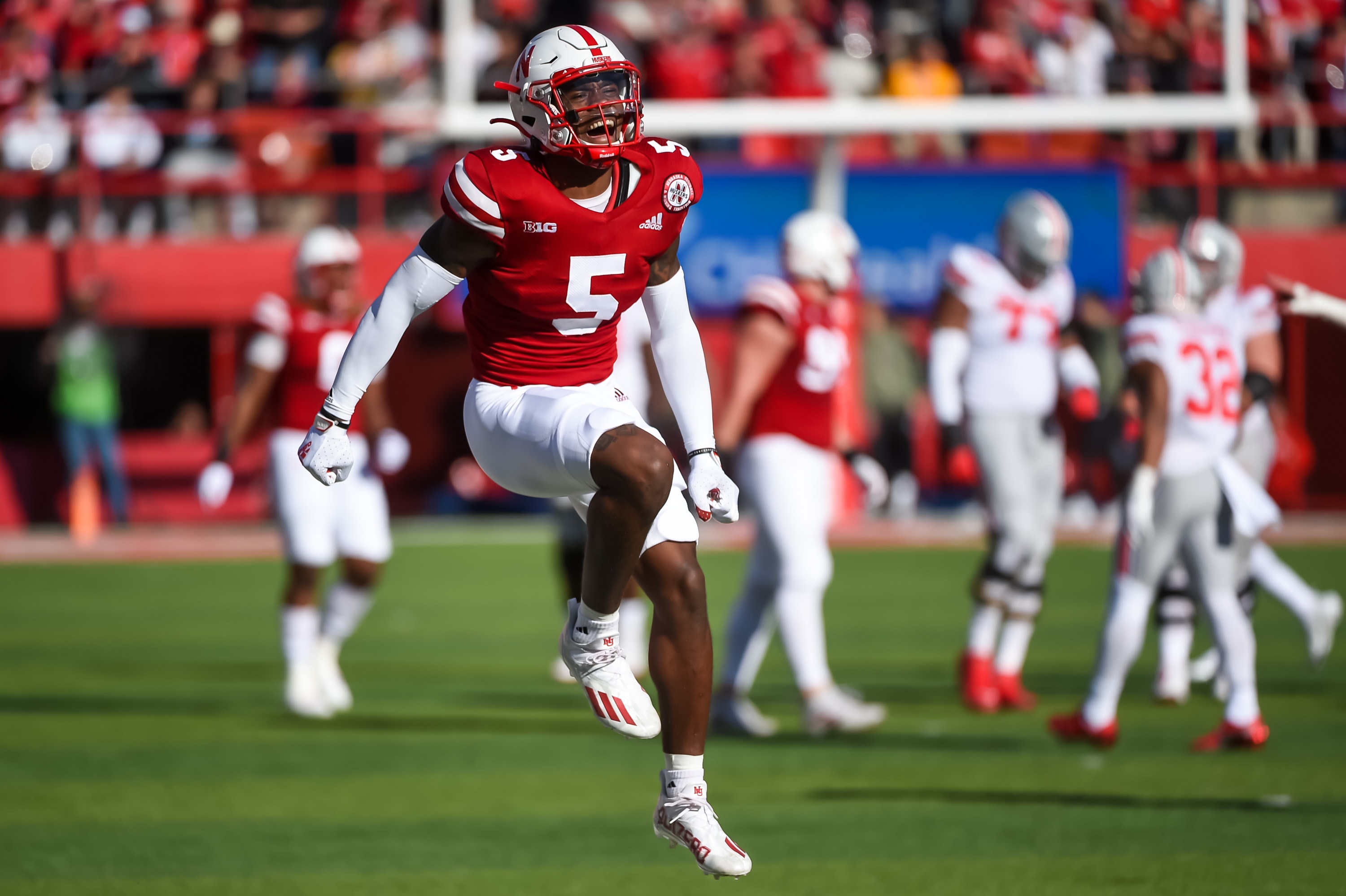 LINCOLN, NE - NOVEMBER 6: Cornerback Cam Taylor-Britt #5 of the Nebraska Cornhuskers reacts to a stop against the Ohio State Buckeyes in the first half at Memorial Stadium on November 6, 2021 in Lincoln, Nebraska. (Photo by Steven Branscombe/Getty Images)