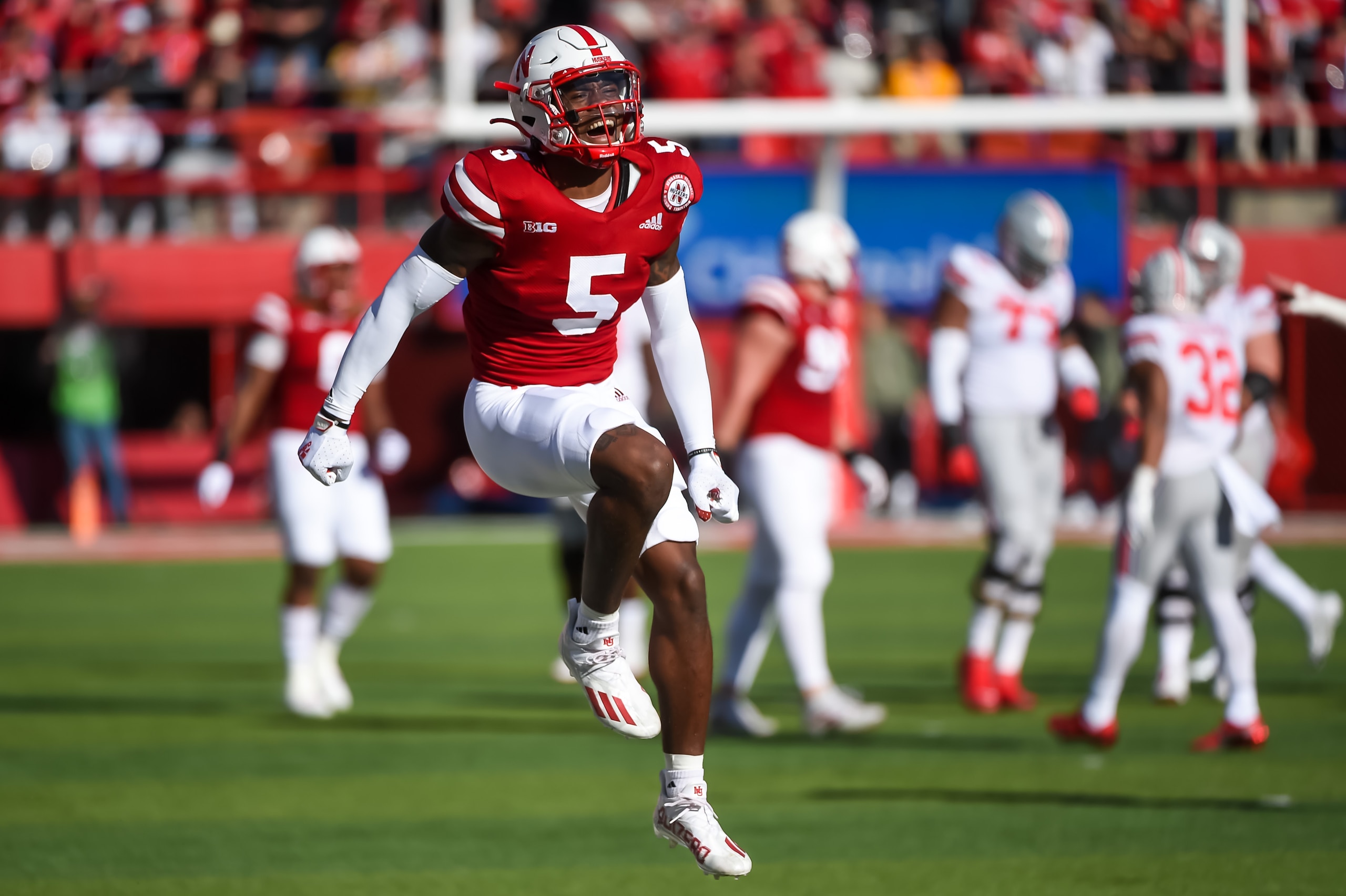 LINCOLN, NE - NOVEMBER 6: Cornerback Cam Taylor-Britt #5 of the Nebraska Cornhuskers reacts to a stop against the Ohio State Buckeyes in the first half at Memorial Stadium on November 6, 2021 in Lincoln, Nebraska. (Photo by Steven Branscombe/Getty Images) LINCOLN, NE - NOVEMBER 6: Cornerback Cam Taylor-Britt #5 of the Nebraska Cornhuskers reacts to a stop against the Ohio State Buckeyes in the first half at Memorial Stadium on November 6, 2021 in Lincoln, Nebraska. (Photo by Steven Branscombe/Getty Images)