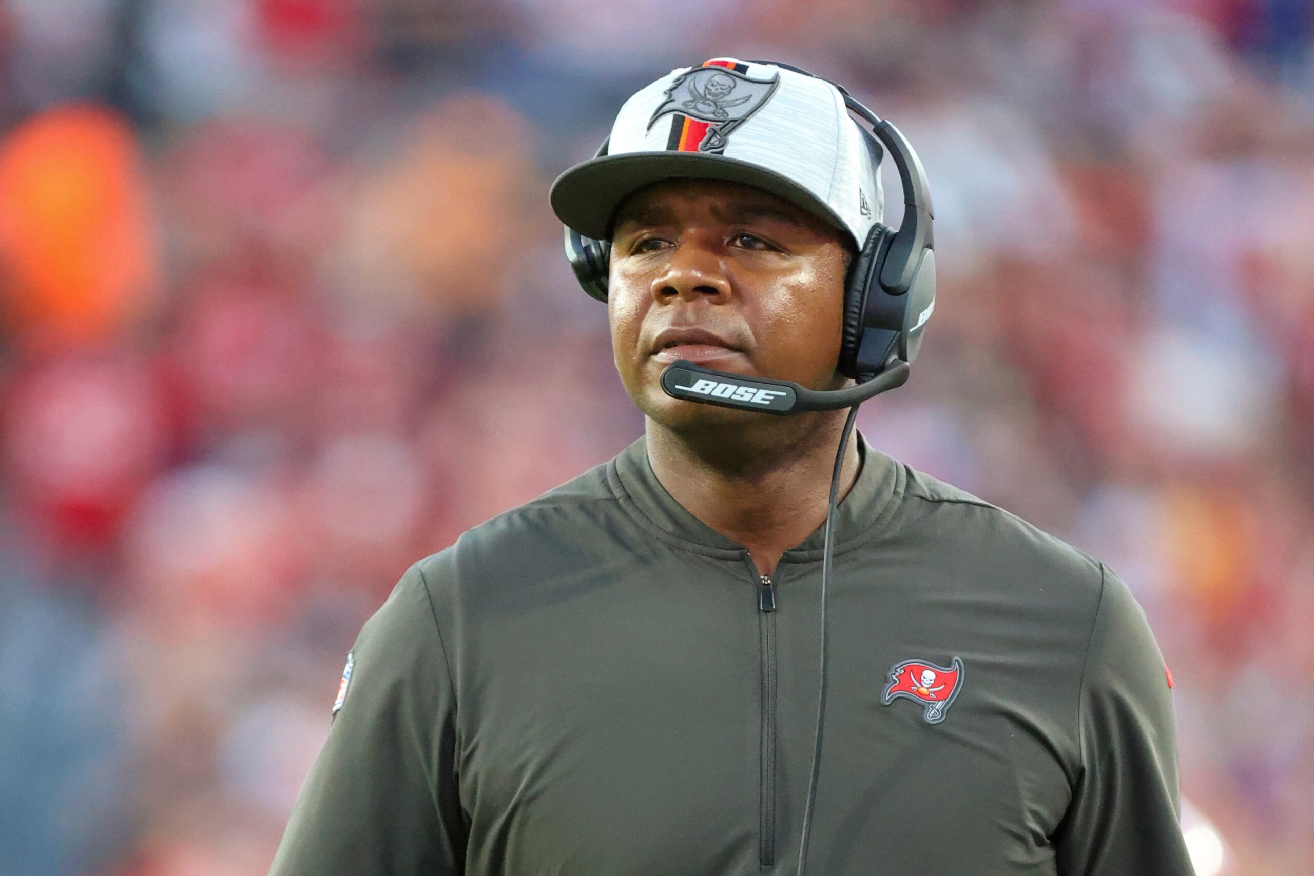Tampa Bay Buccaneers Offensive Coordinator Bryan Leftwich during an NFL football game against the Buffalo Bills, Sunday Dec. 12th, 2021 in Tampa, Fla. (AP Photo/Don Montague)