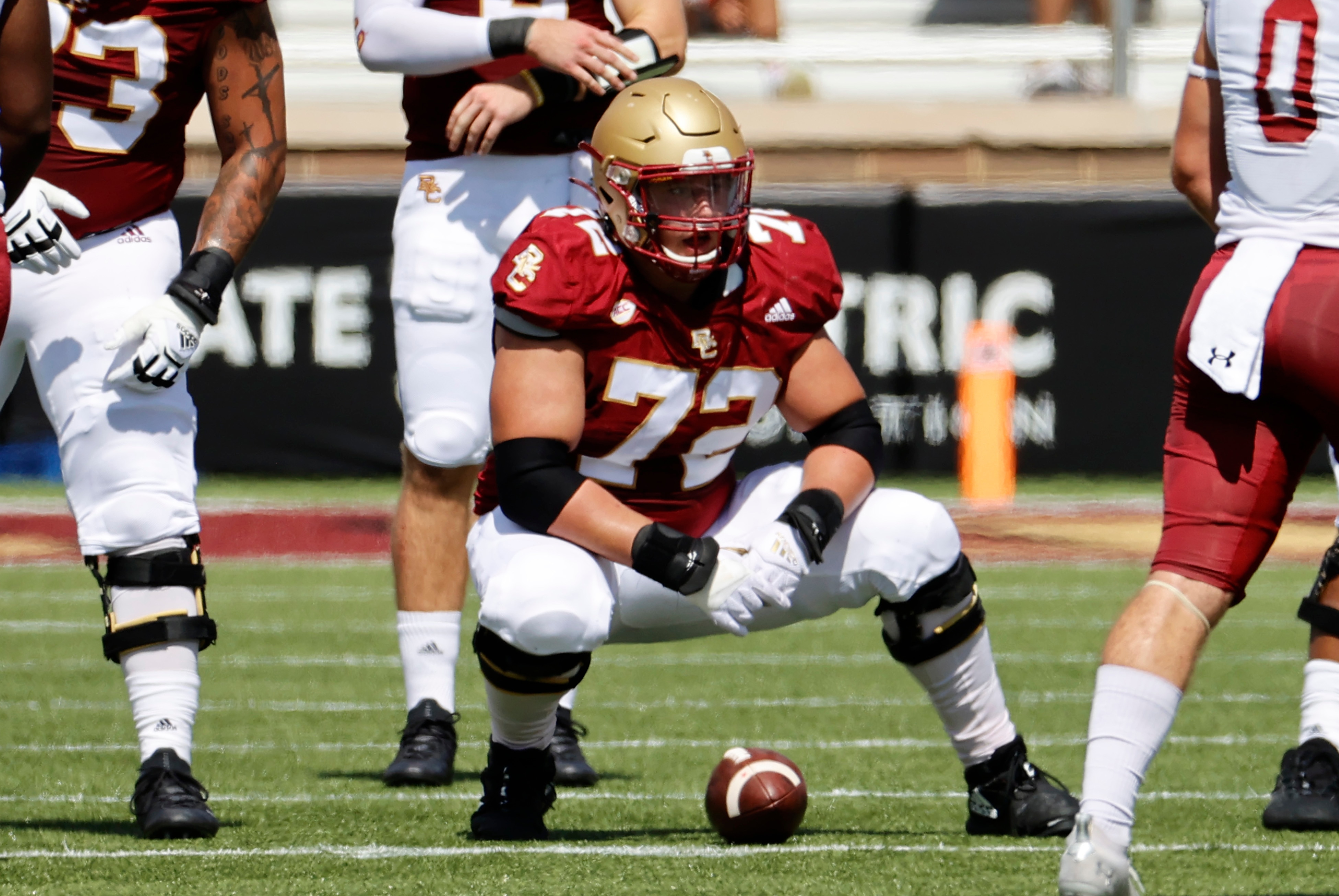 CHESTNUT HILL, MA - SEPTEMBER 04: Boston College Eagles offensive lineman Alec Lindstrom (72) during a game between the Boston College Eagles and the Colgate University Raiders on September 4, 2021, at Alumni Stadium in Chestnut Hill, Massachusetts. (Photo by Fred Kfoury III/Icon Sportswire via Getty Images)
