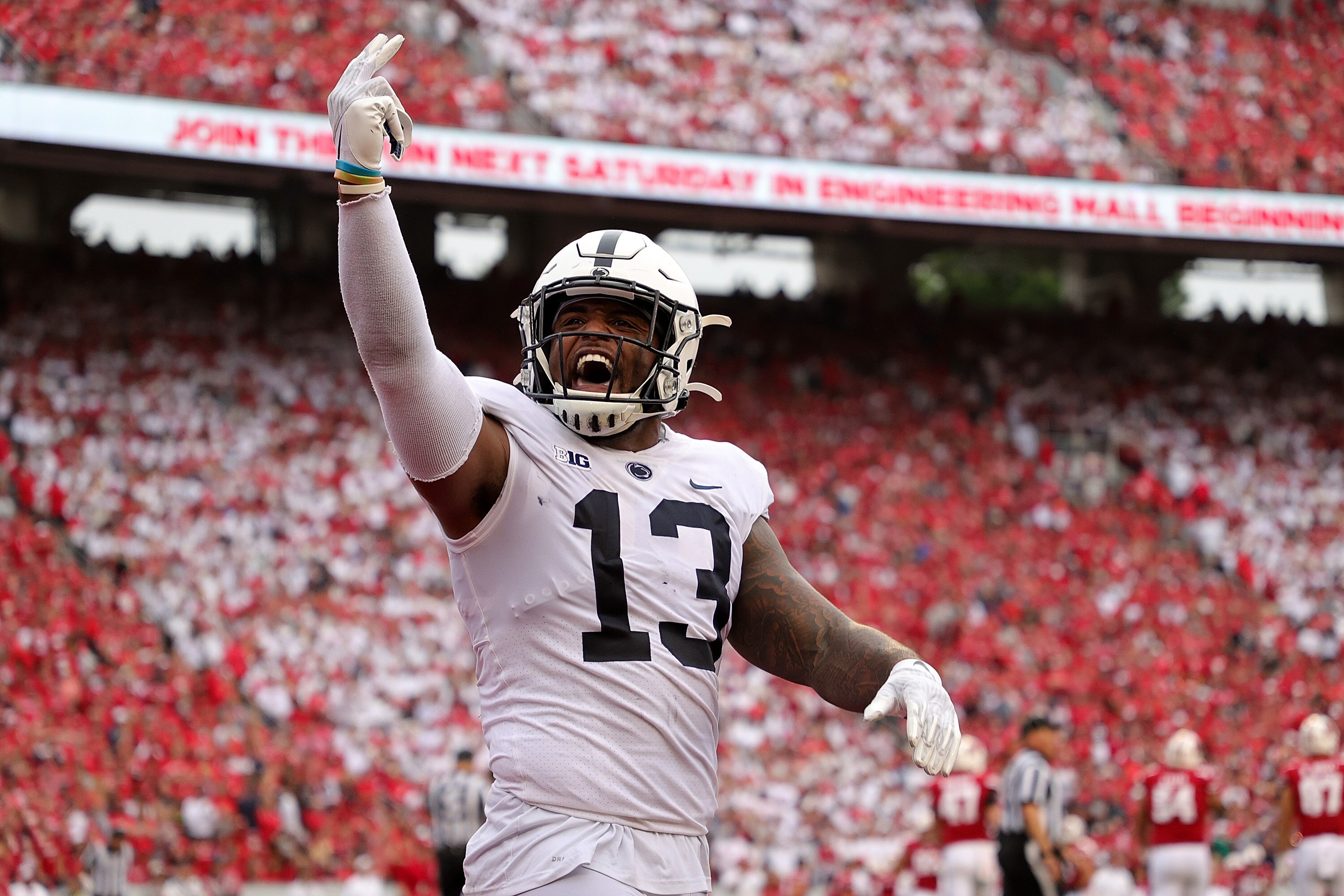 MADISON, WISCONSIN - SEPTEMBER 04: Ellis Brooks #13 of the Penn State Nittany Lions reacts to a defensive stop during the first half against the Wisconsin Badgers at Camp Randall Stadium on September 04, 2021 in Madison, Wisconsin. (Photo by Stacy Revere/Getty Images)
