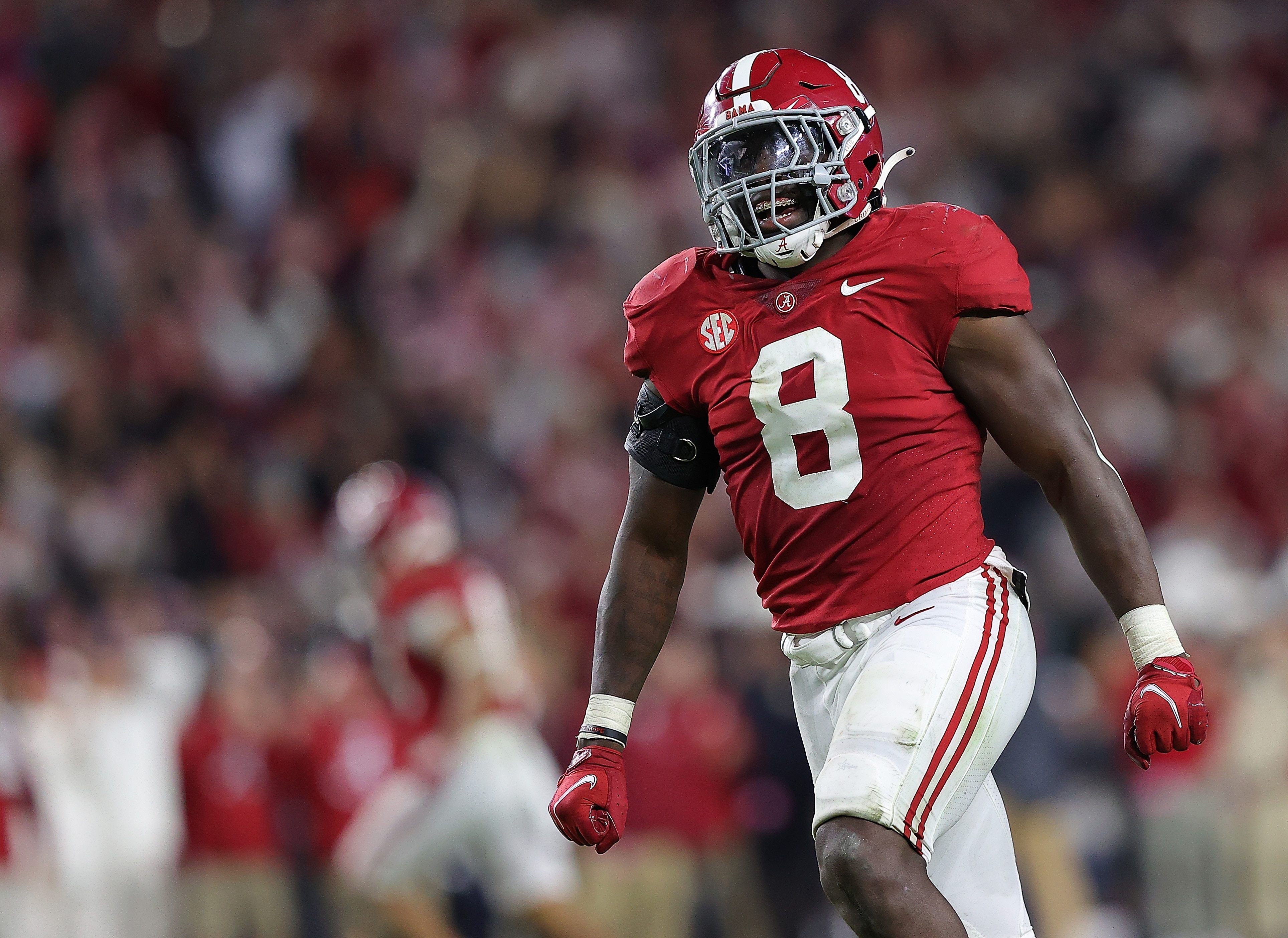 TUSCALOOSA, ALABAMA - NOVEMBER 06:  Christian Harris #8 of the Alabama Crimson Tide reacts after a defensive stop against the LSU Tigers during the second half at Bryant-Denny Stadium on November 06, 2021 in Tuscaloosa, Alabama. (Photo by Kevin C. Cox/Getty Images)