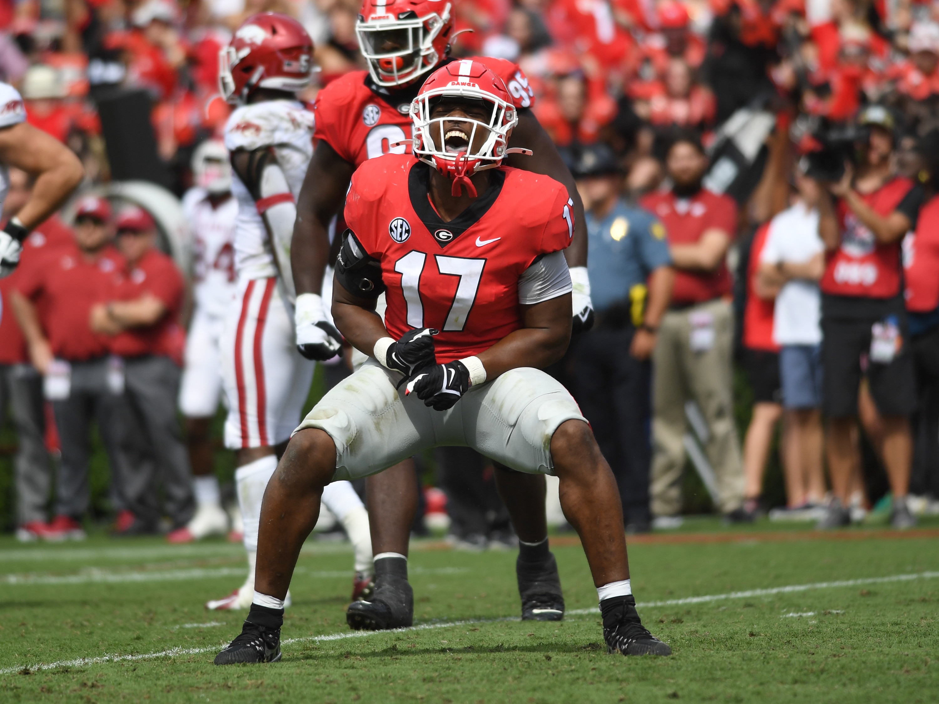 ATHENS, GA - OCTOBER 02: Georgia Bulldogs Linebacker Nakobe Dean (17) celebrates a sack during the college football game between the Arkansas Razorbacks and the Georgia Bulldogs on October 02, 2021, at Sanford Stadium in Athens, GA. (Photo by Jeffrey Vest/Icon Sportswire via Getty Images)