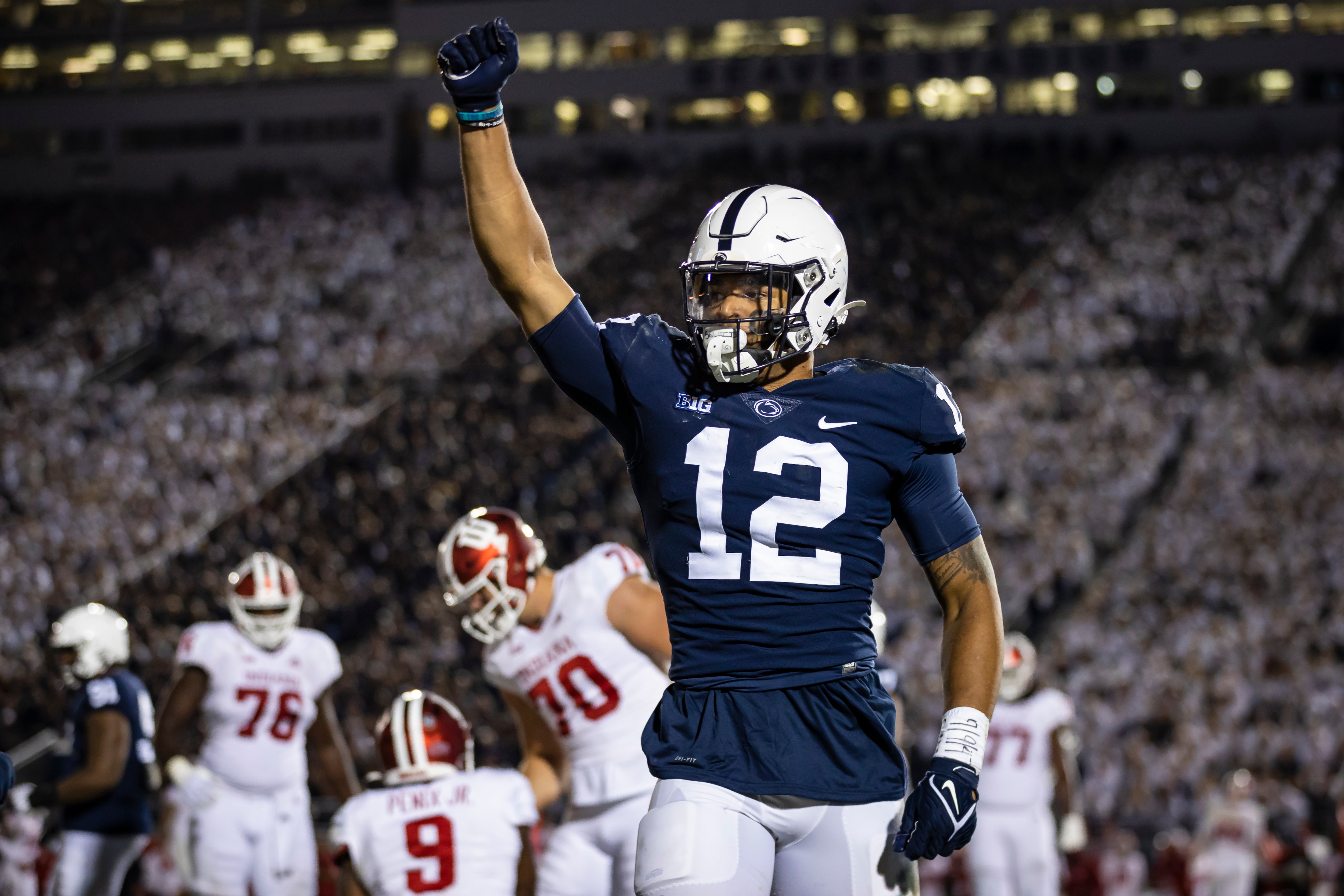 STATE COLLEGE, PA - OCTOBER 02: Brandon Smith #12 of the Penn State Nittany Lions celebrates after tackling Michael Penix Jr. #9 of the Indiana Hoosiers during the second half at Beaver Stadium on October 2, 2021 in State College, Pennsylvania. (Photo by Scott Taetsch/Getty Images)