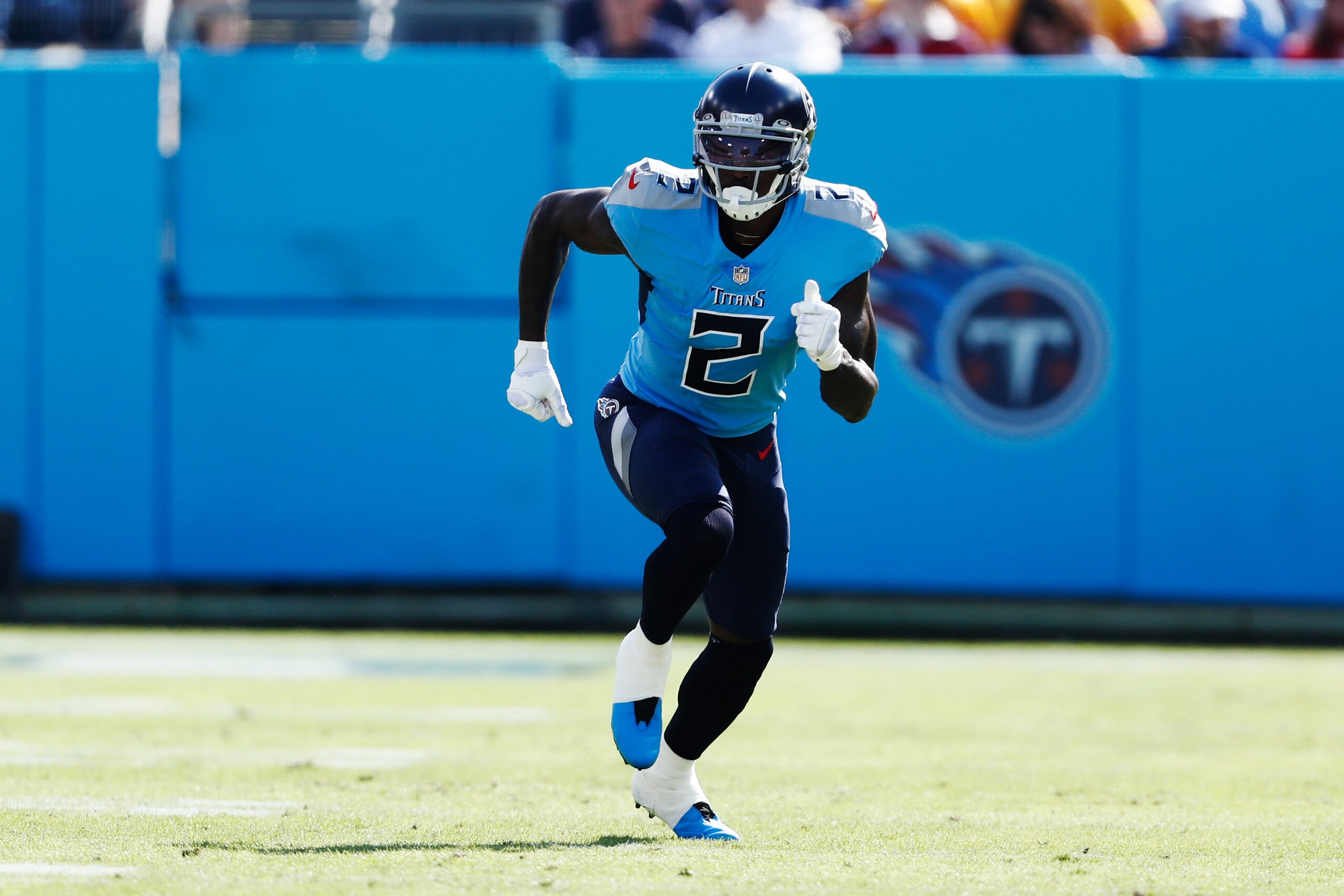 Tennessee Titans wide receiver Julio Jones (2) plays against the Kansas City Chiefs in the first half of an NFL football game Sunday, Oct. 24, 2021, in Nashville, Tenn. (AP Photo/Wade Payne)