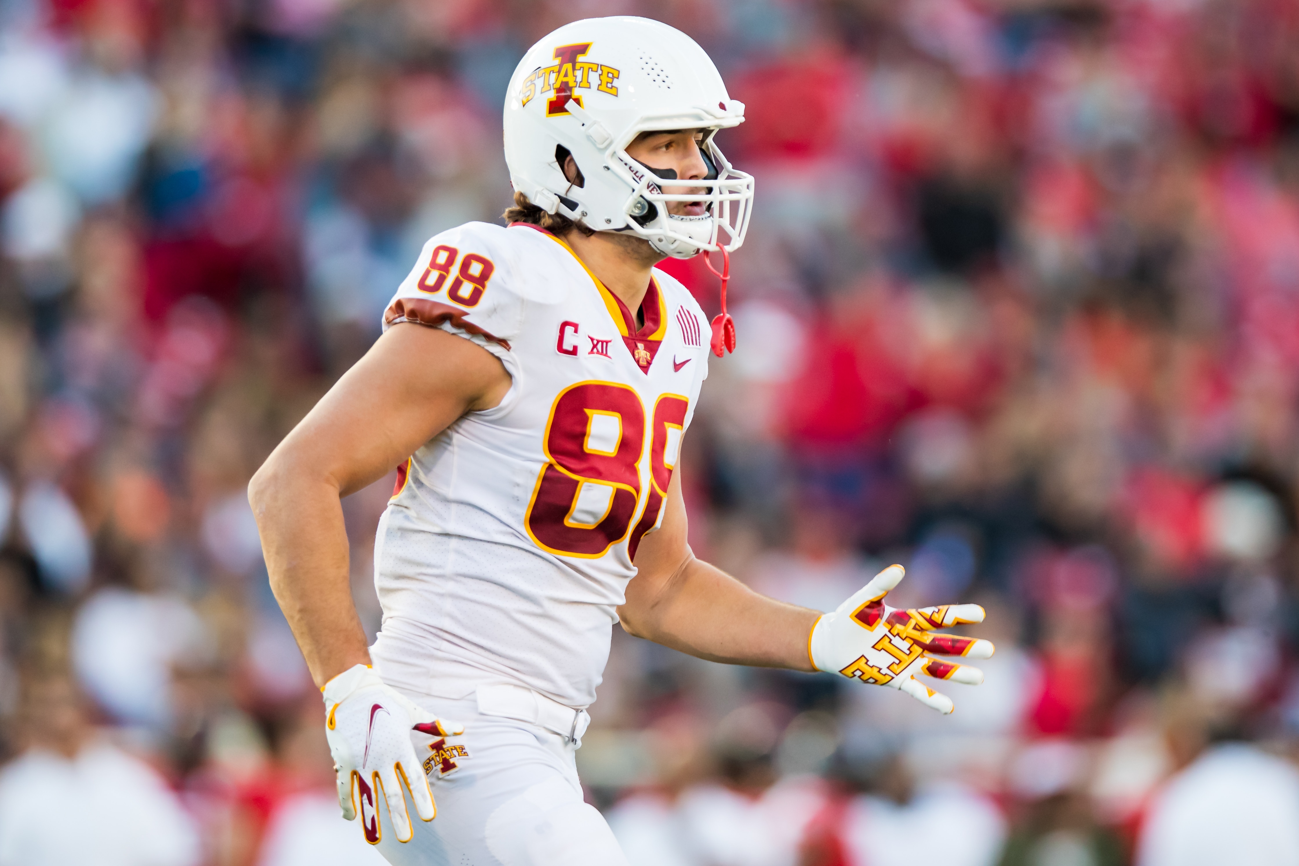 LUBBOCK, TEXAS - NOVEMBER 13: Tight end Charlie Kolar #88 of the Iowa State Cyclones runs to the sideline during the second half of the college football game against the Texas Tech Red Raiders at Jones AT&T Stadium on November 13, 2021 in Lubbock, Texas. (Photo by John E. Moore III/Getty Images)