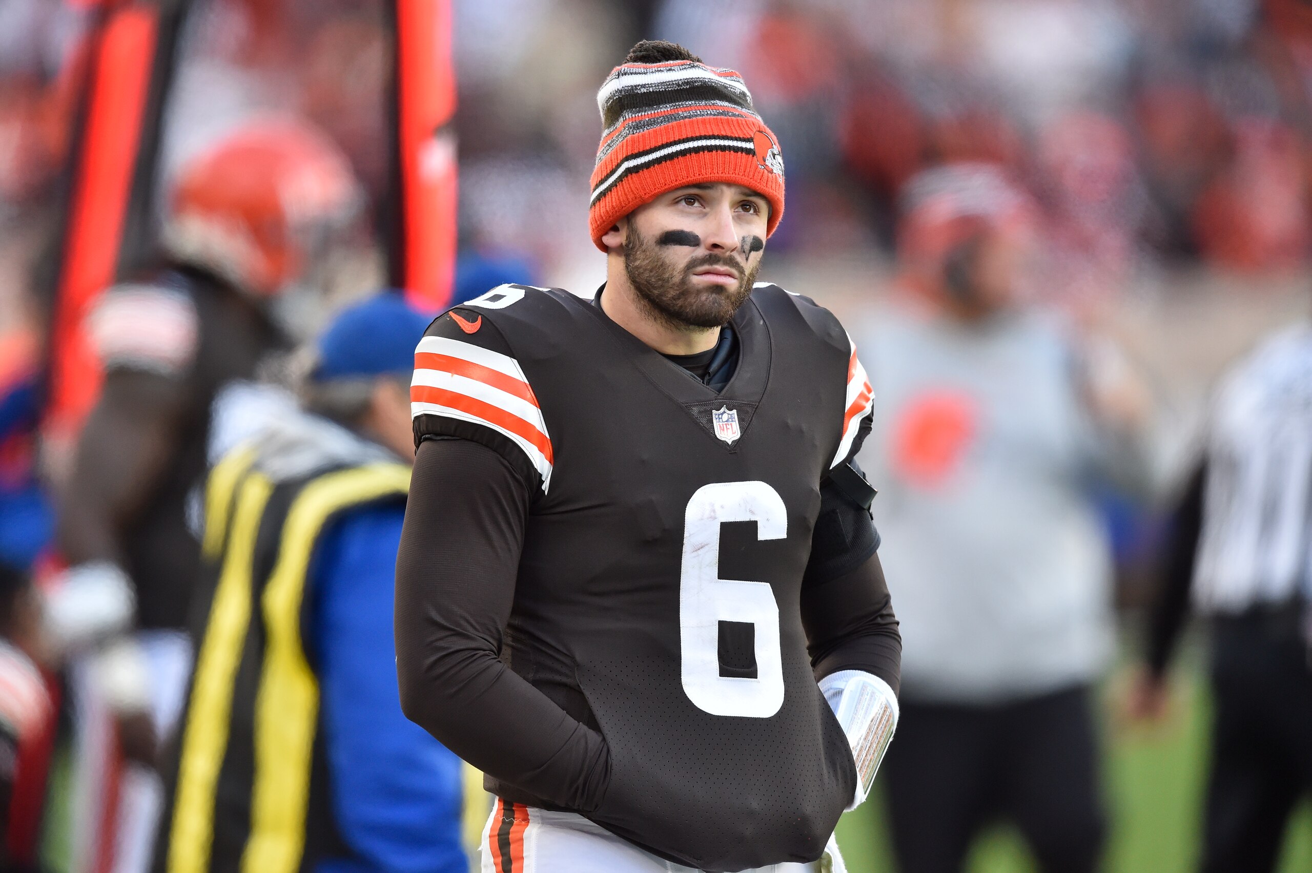 Cleveland Browns quarterback Baker Mayfield stands on the sideline during an NFL football game against the Baltimore Ravens, Sunday, Dec. 12, 2021, in Cleveland. The Browns won 24-22. (AP Photo/David Richard)