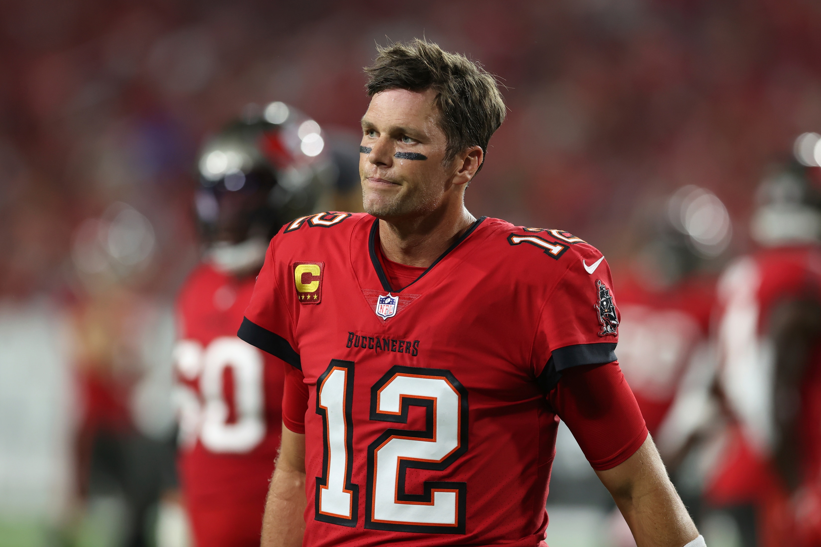 Tampa Bay Buccaneers quarterback Tom Brady (12) before an NFL football game against the New Orleans Saints Sunday, Dec. 19, 2021, in Tampa, Fla. (AP Photo/Mark LoMoglio)