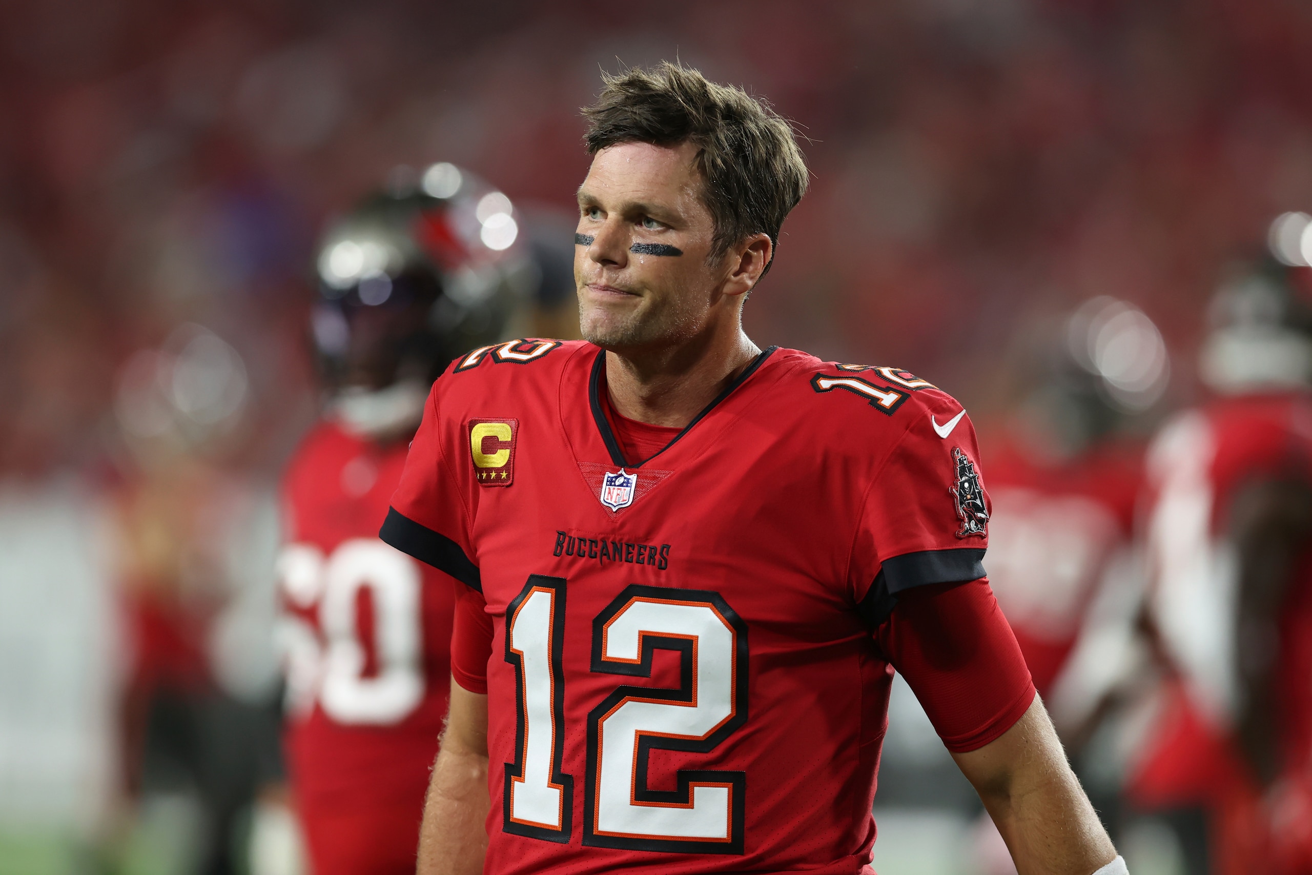 Tampa Bay Buccaneers quarterback Tom Brady (12) before an NFL football game against the New Orleans Saints Sunday, Dec. 19, 2021, in Tampa, Fla. (AP Photo/Mark LoMoglio)
