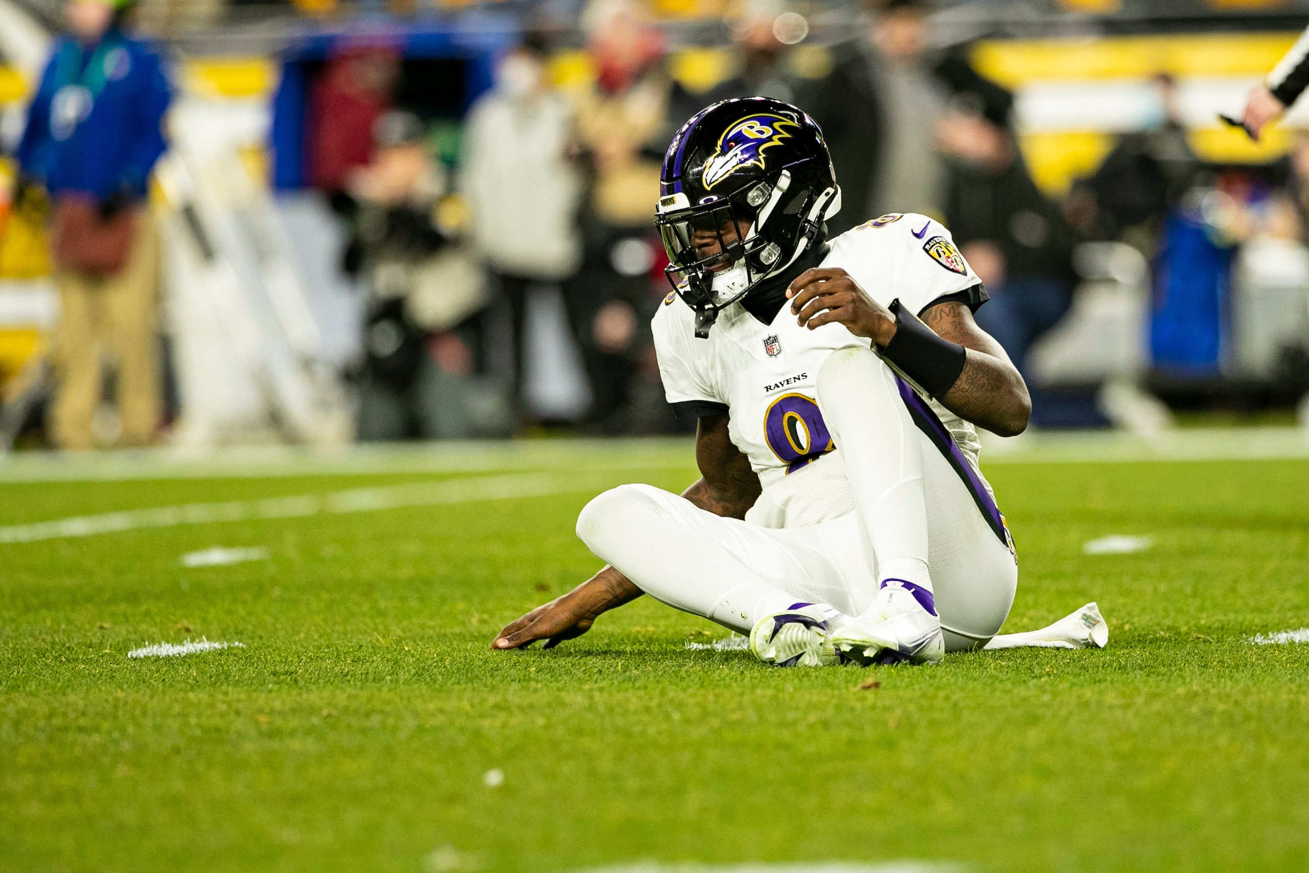 PITTSBURGH, PA - DECEMBER 05: Baltimore Ravens quarterback Lamar Jackson (8) gets up off the ground during the game against the Baltimore Ravens and the Pittsburgh Steelers on December 05, 2021 at Heinz Field in Pittsburgh, PA. (Photo by Mark Alberti/Icon Sportswire via Getty Images)