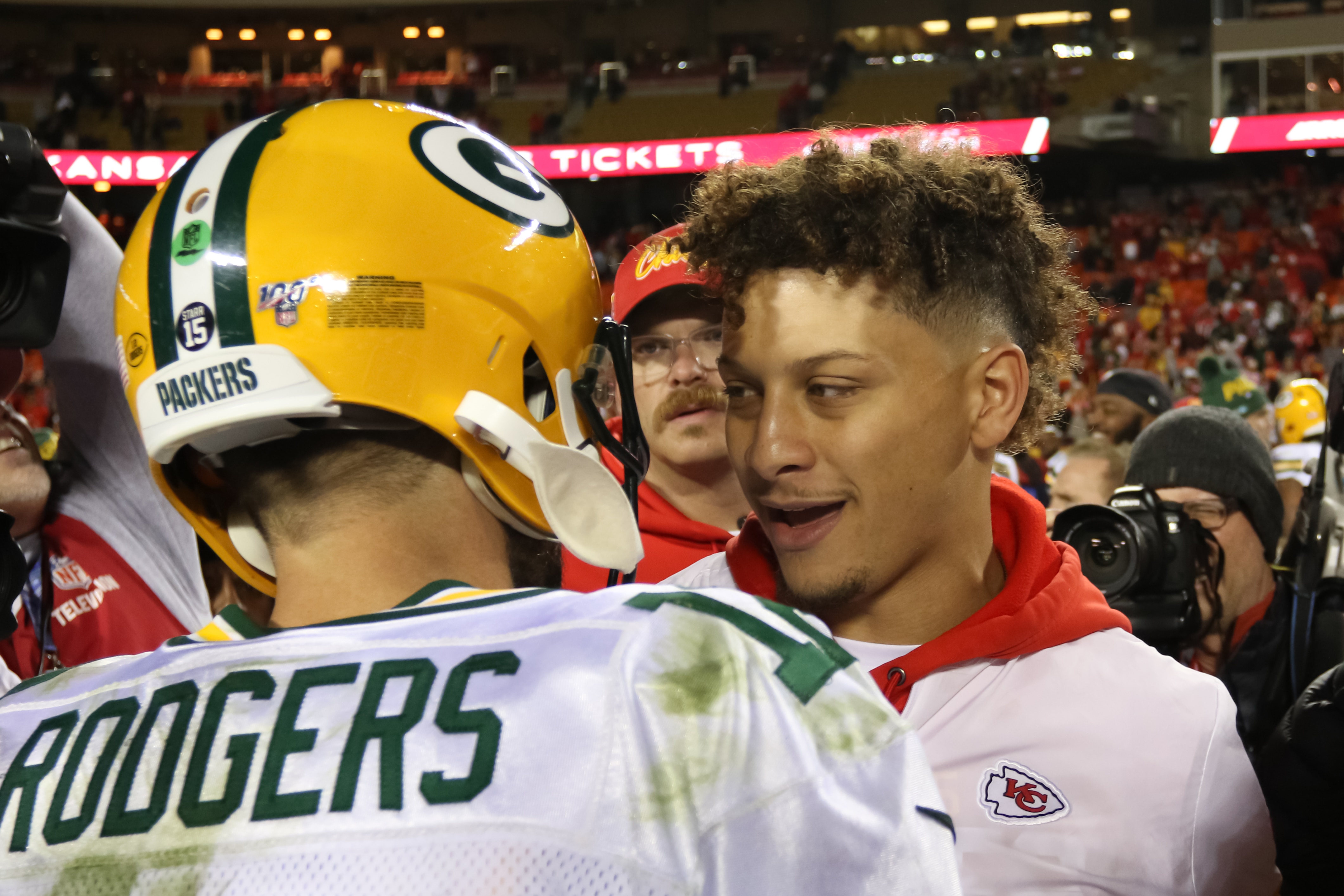 KANSAS CITY, MO - OCTOBER 27: Green Bay Packers quarterback Aaron Rodgers (12) and Kansas City Chiefs quarterback Patrick Mahomes (15) meet at midfield after an NFL game between the Green Bay Packers and Kansas City Chiefs on October 27, 2019 at Arrowhead Stadium in Kansas City, MO. (Photo by Scott Winters/Icon Sportswire via Getty Images)