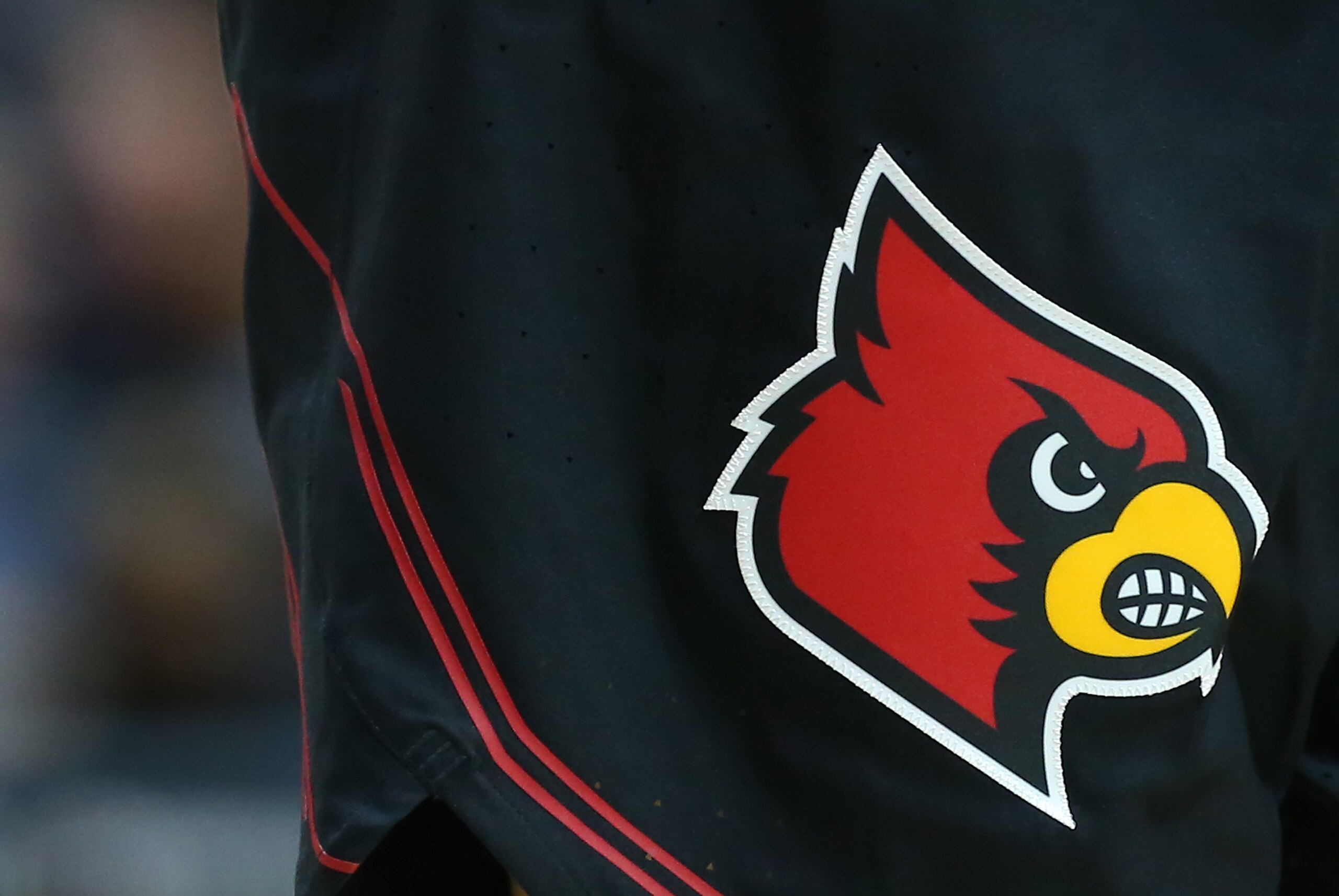 UNCASVILLE, CT - DECEMBER 19: General view of the Louisville Cardinals logo on a pair of game shorts during the Basketball Hall of Fame Women's Showcase game against UConn Huskies on December 19, 2021, at Mohegan Sun Arena in Uncasville, CT. (Photo by M. Anthony Nesmith/Icon Sportswire via Getty Images)