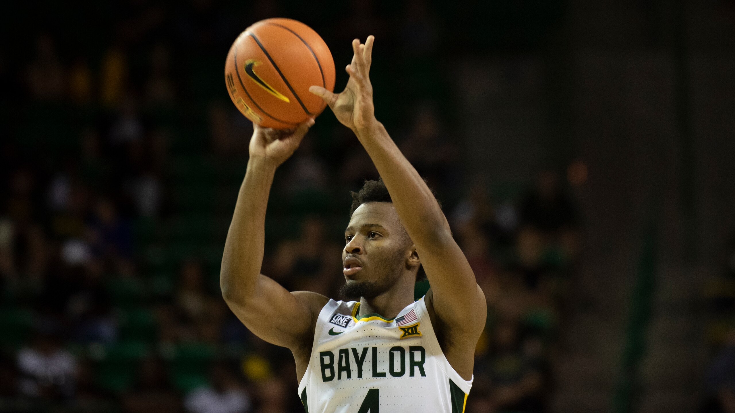 Baylor Bears guard LJ Cryer (4) shoots a three-pointer in the first half of an NCAA college basketball game against Arkansas-Pine Bluff in Waco, Texas, Saturday, Dec. 4, 2021. (AP Photo/Emil Lippe)
