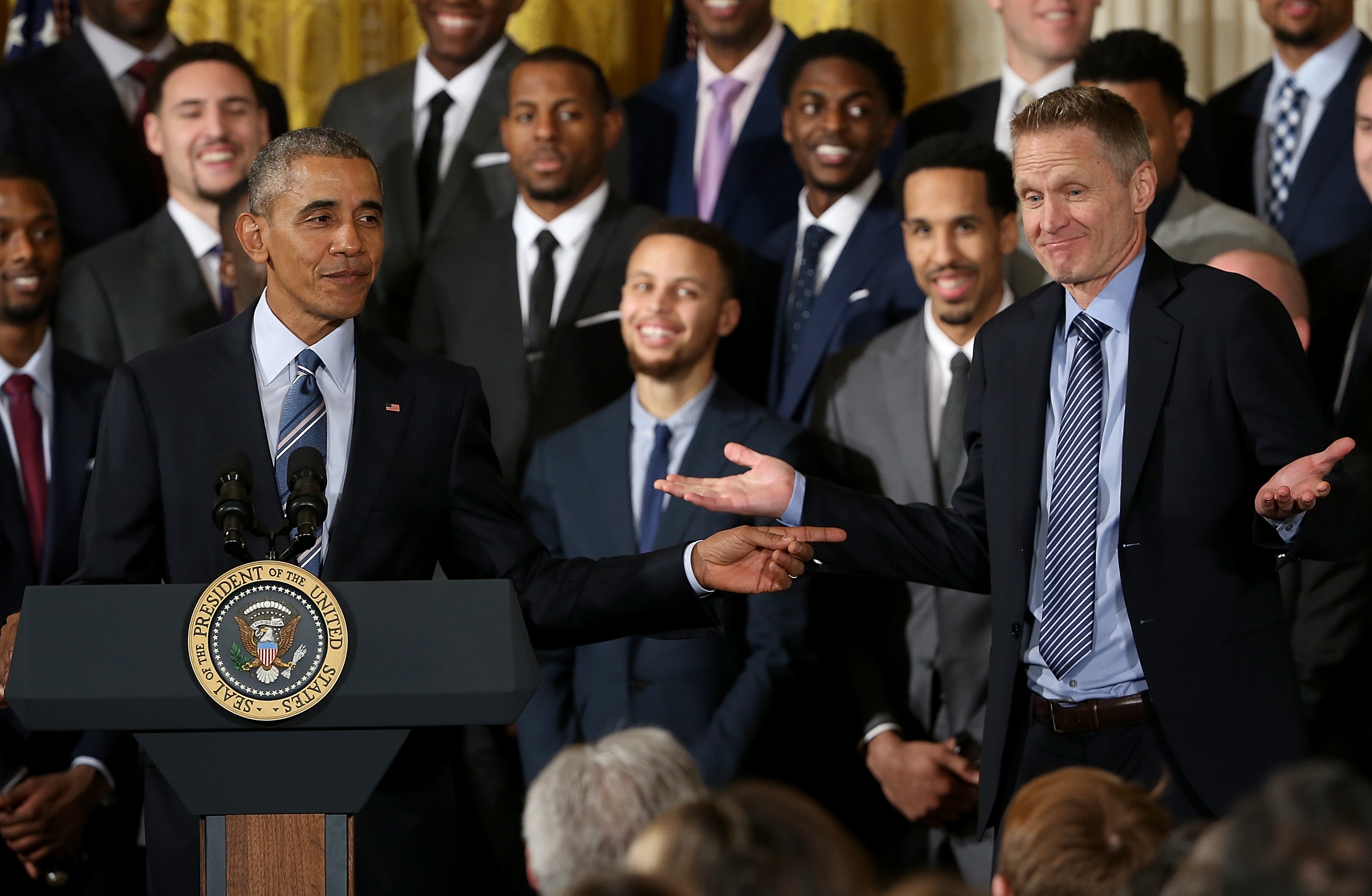 WASHINGTON, DC - FEBRUARY 04:  U.S. President Barack Obama (L) jokes with Golden State Warriors coach Steve Kerr (R) during an event with the team in the East Room of the White House on February 4, 2016 in Washington, DC. Obama welcomed the 2015 NBA Champion Golden State Warriors to the White House to congratulate the team on their championship season.  (Photo by Win McNamee/Getty Images)