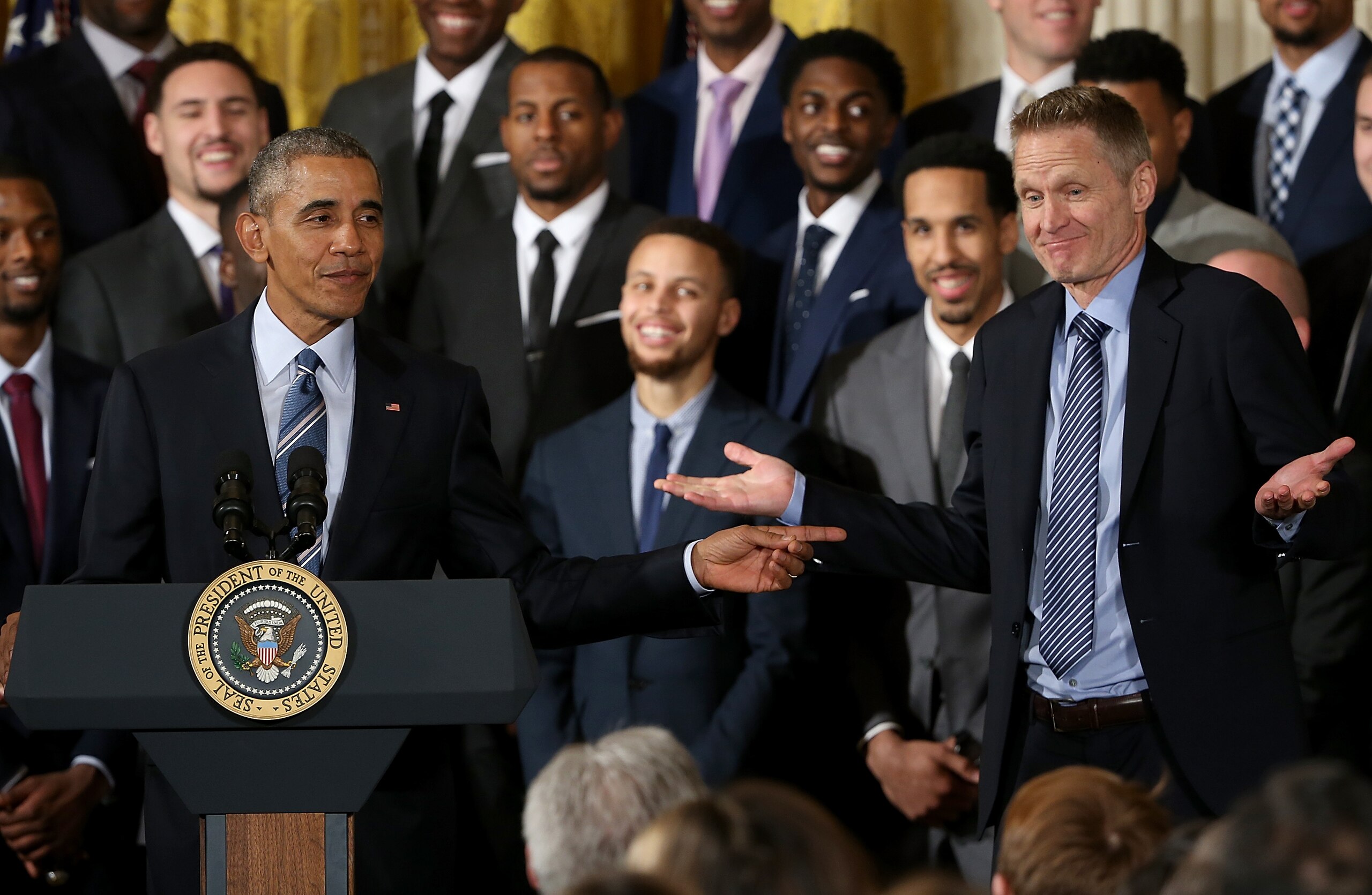 WASHINGTON, DC - FEBRUARY 04:  U.S. President Barack Obama (L) jokes with Golden State Warriors coach Steve Kerr (R) during an event with the team in the East Room of the White House on February 4, 2016 in Washington, DC. Obama welcomed the 2015 NBA Champion Golden State Warriors to the White House to congratulate the team on their championship season.  (Photo by Win McNamee/Getty Images)