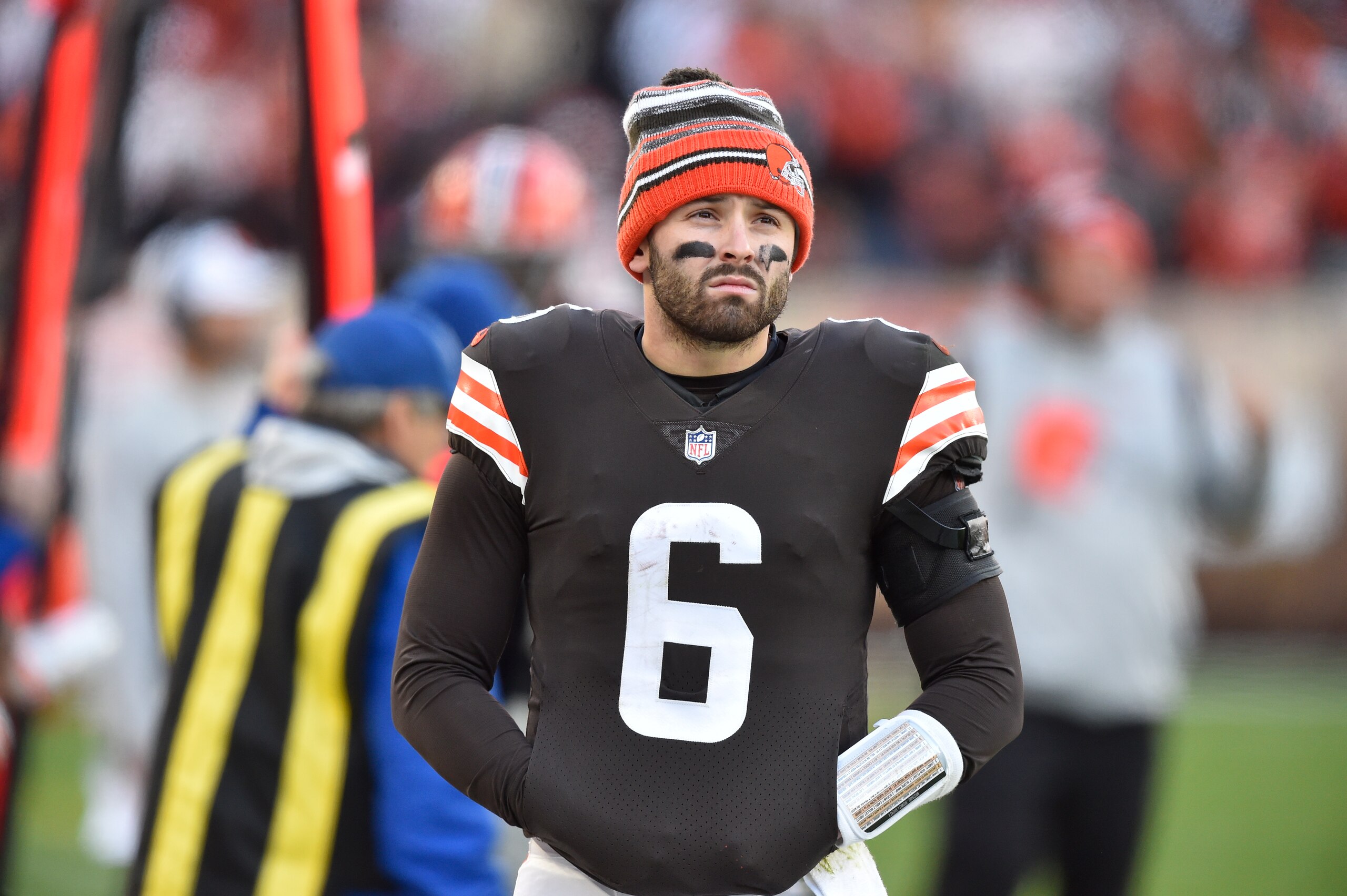 Cleveland Browns quarterback Baker Mayfield stands on the sideline during an NFL football game against the Baltimore Ravens, Sunday, Dec. 12, 2021, in Cleveland. The Browns won 24-22. (AP Photo/David Richard)