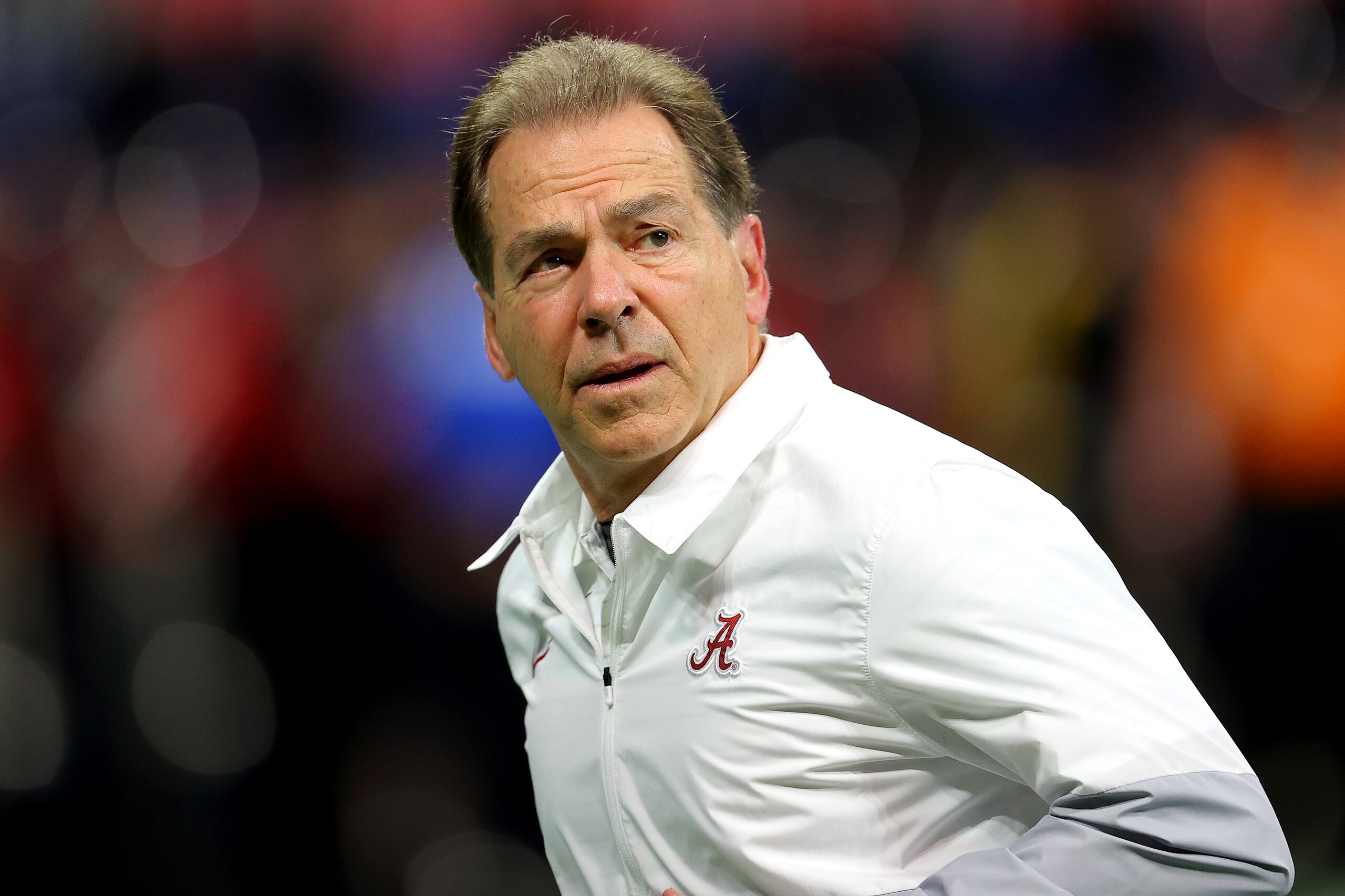 ATLANTA, GEORGIA - DECEMBER 04: Head Coach Nick Saban of the Alabama Crimson Tide looks on before the SEC Championship game against the Georgia Bulldogs at Mercedes-Benz Stadium on December 04, 2021 in Atlanta, Georgia. (Photo by Kevin C. Cox/Getty Images)