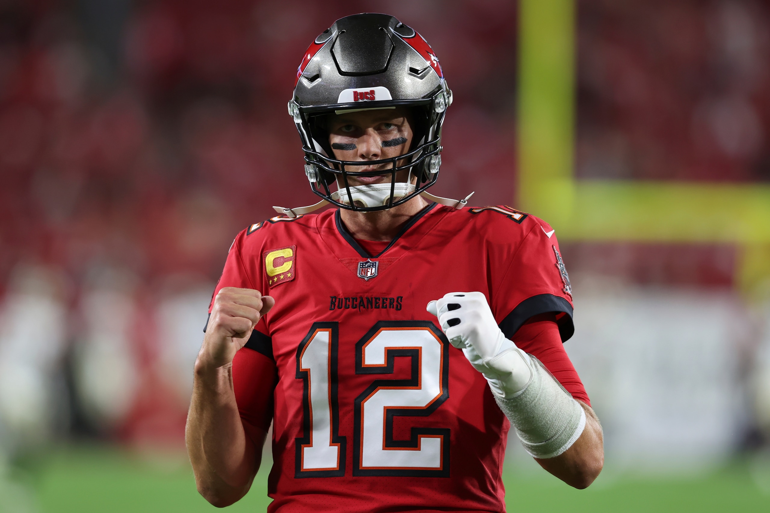 Tampa Bay Buccaneers quarterback Tom Brady (12) gestures before an NFL football game against the New Orleans Saints Sunday, Dec. 19, 2021, in Tampa, Fla. (AP Photo/Mark LoMoglio)