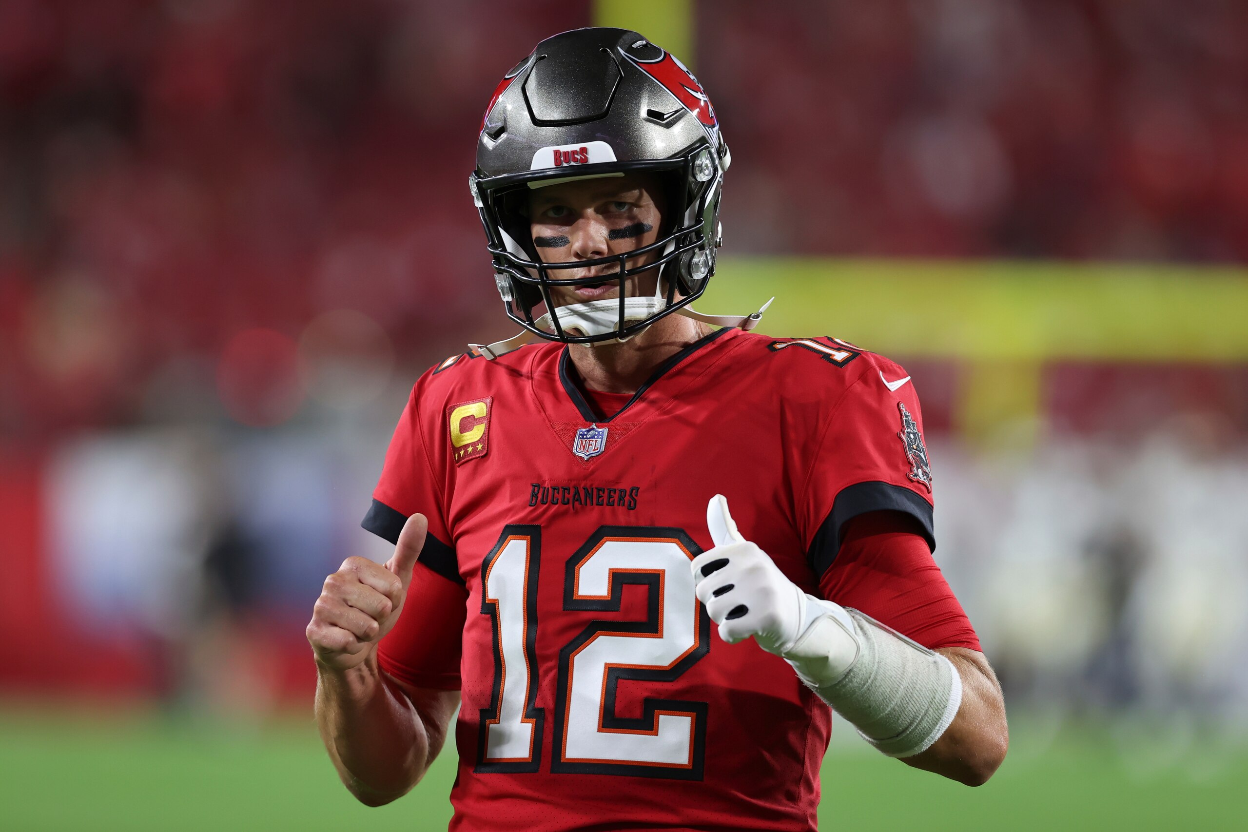 Tampa Bay Buccaneers quarterback Tom Brady (12) gestures before an NFL football game against the New Orleans Saints Sunday, Dec. 19, 2021, in Tampa, Fla. (AP Photo/Mark LoMoglio)