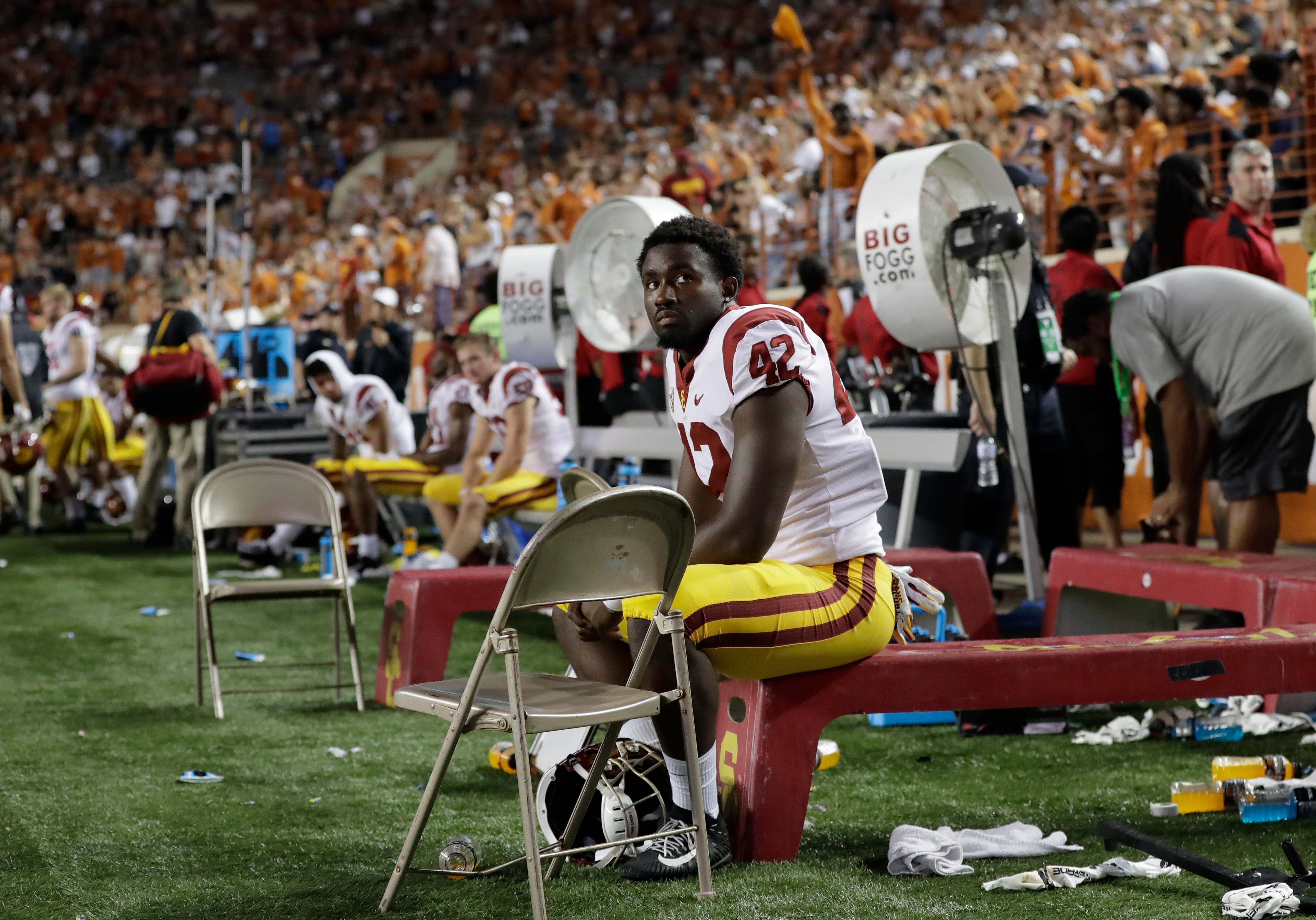 USC linebacker Abdul-Malik McClain (42) sits on the bench during the final seconds of the second half of an NCAA college football game in a 37-14 loss to Texas, Saturday, Sept. 15, 2018, in Austin, Texas. (AP Photo/Eric Gay)