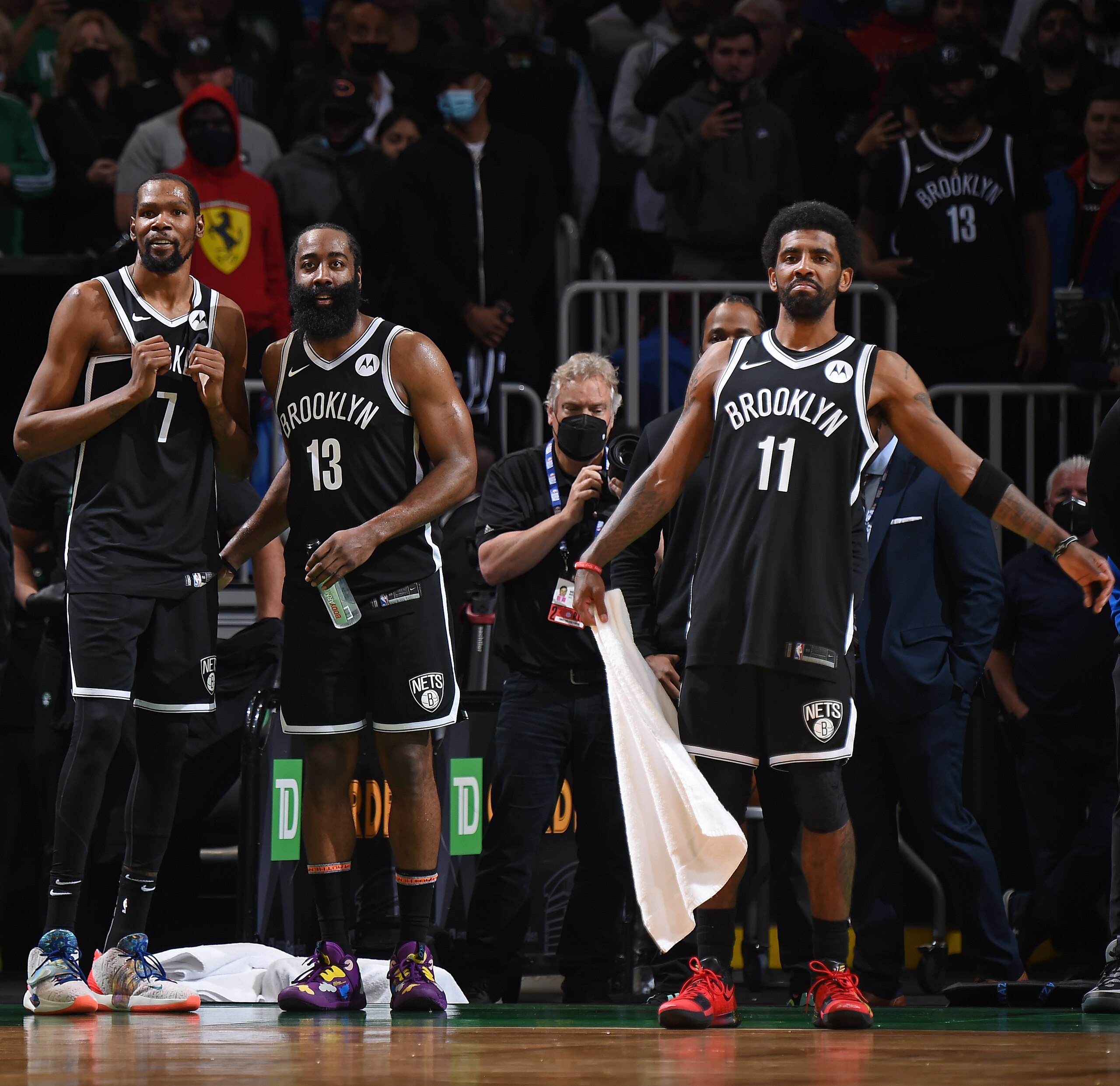 BOSTON, MA - MAY 30: Kevin Durant #7, James Harden #13 and Kyrie Irving #11 of the Brooklyn Nets react to a play during the game against the Boston Celtics during Round 1, Game 4 of the 2021 NBA Playoffs on May 30, 2021 at the TD Garden in Boston, Massachusetts. NOTE TO USER: User expressly acknowledges and agrees that, by downloading and or using this photograph, User is consenting to the terms and conditions of the Getty Images License Agreement. Mandatory Copyright Notice: Copyright 2021 NBAE (Photo by Brian Babineau/NBAE via Getty Images) BOSTON, MA - MAY 30: Kevin Durant #7, James Harden #13 and Kyrie Irving #11 of the Brooklyn Nets react to a play during the game against the Boston Celtics during Round 1, Game 4 of the 2021 NBA Playoffs on May 30, 2021 at the TD Garden in Boston, Massachusetts. NOTE TO USER: User expressly acknowledges and agrees that, by downloading and or using this photograph, User is consenting to the terms and conditions of the Getty Images License Agreement. Mandatory Copyright Notice: Copyright 2021 NBAE (Photo by Brian Babineau/NBAE via Getty Images)