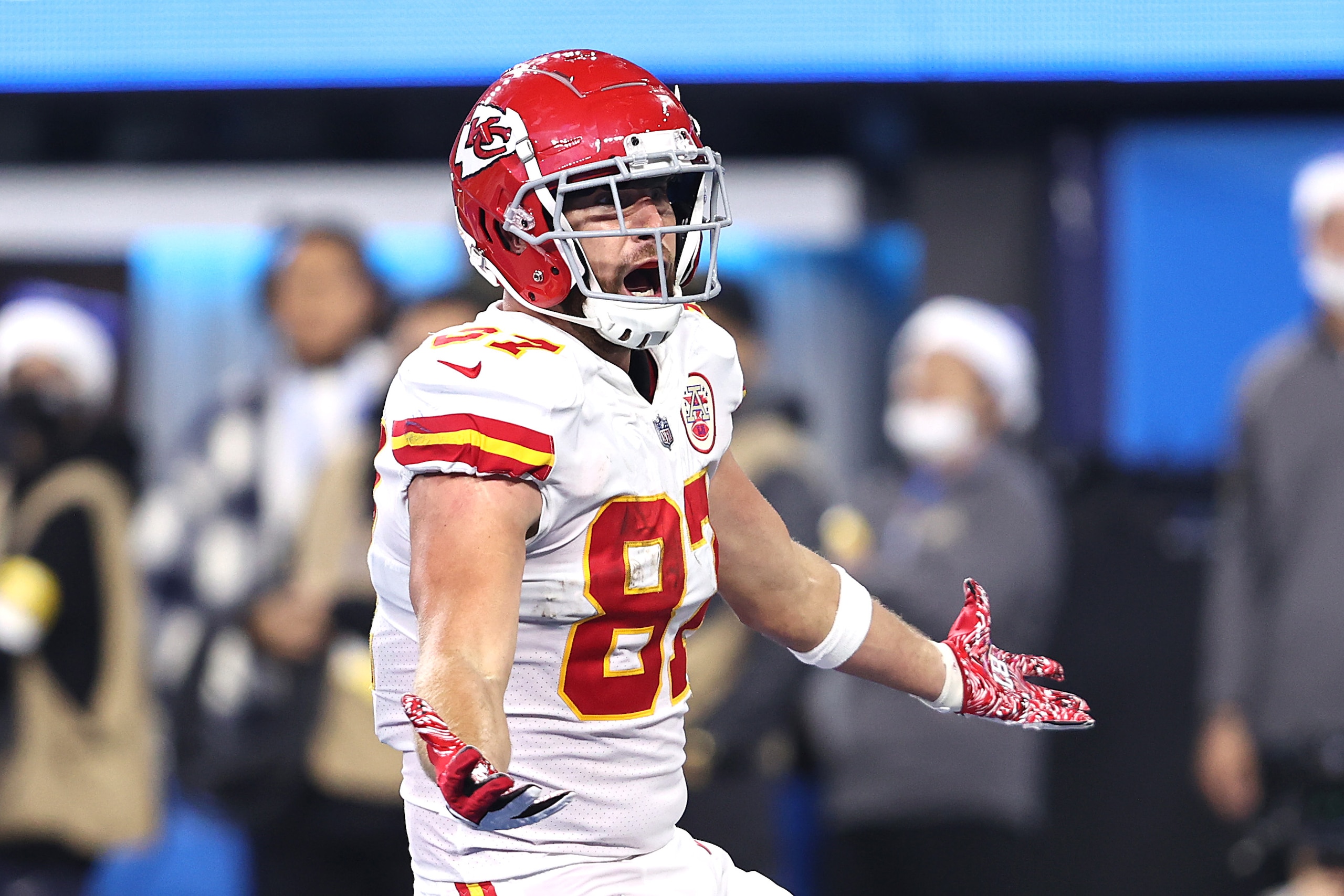 INGLEWOOD, CALIFORNIA - DECEMBER 16: Travis Kelce #87 of the Kansas City Chiefs reacts after scoring a pass play for a touchdown in overtime to defeat the Los Angeles Chargers 34-28 in a game at SoFi Stadium on December 16, 2021 in Inglewood, California. (Photo by Sean M. Haffey/Getty Images)