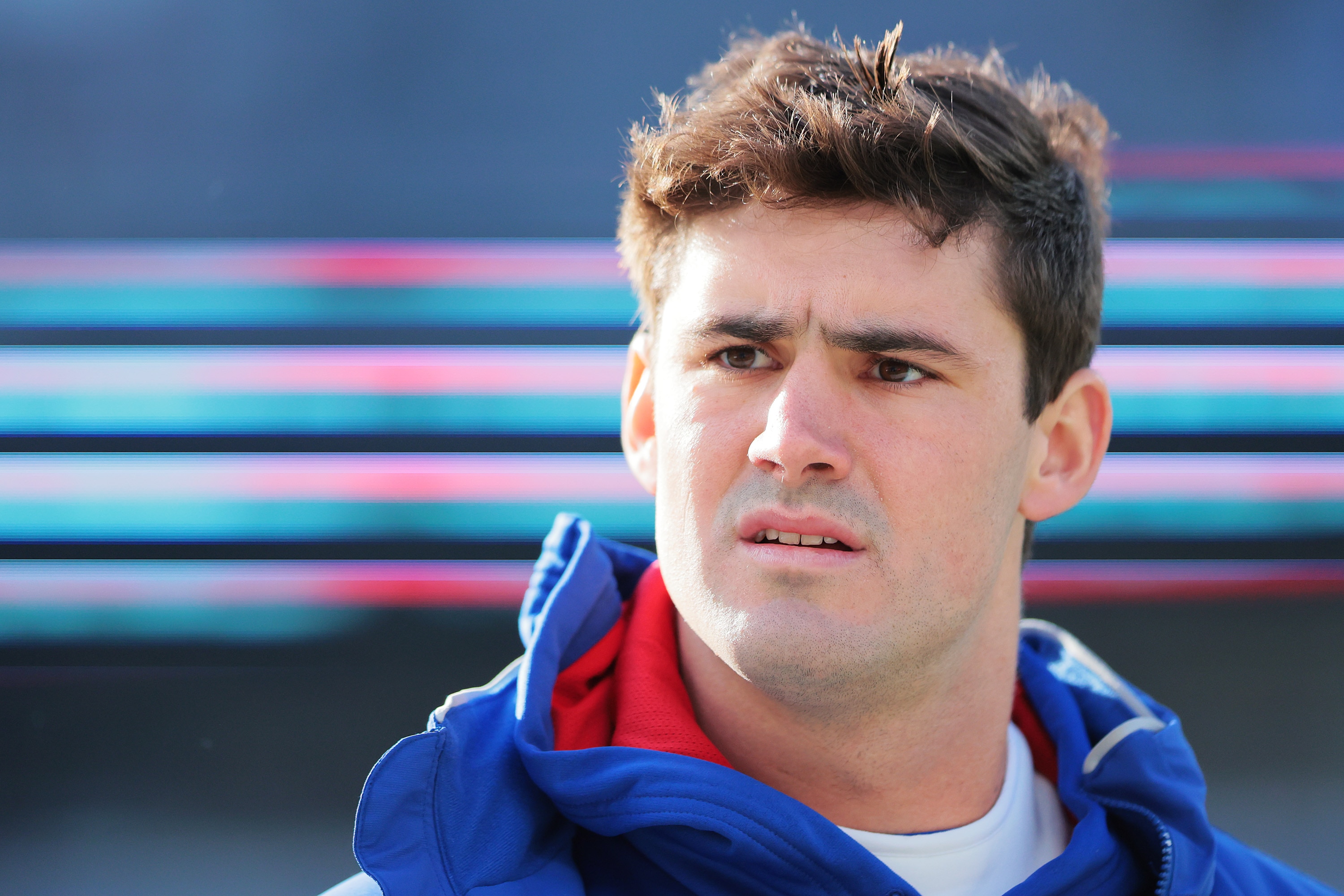 EAST RUTHERFORD, NEW JERSEY - DECEMBER 19: Daniel Jones #8 of the New York Giants looks on before the game against the Dallas Cowboys at MetLife Stadium on December 19, 2021 in East Rutherford, New Jersey. (Photo by Rey Del Rio/Getty Images)