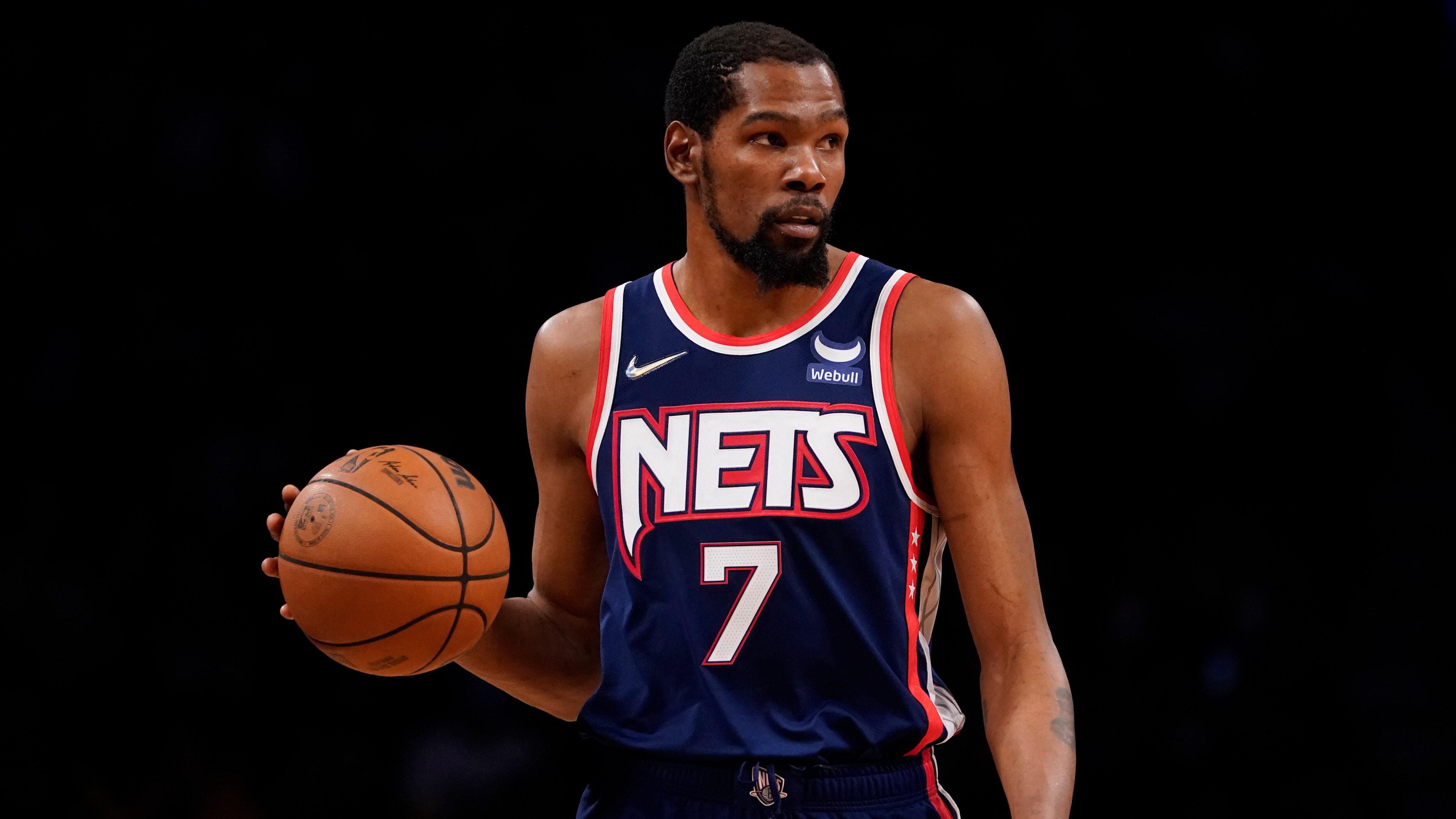 Brooklyn Nets forward Kevin Durant during the second half of an NBA basketball game against the Philadelphia 76ers, Thursday, Dec. 16, 2021, in New York. The Nets won 114-105. (AP Photo/Mary Altaffer)