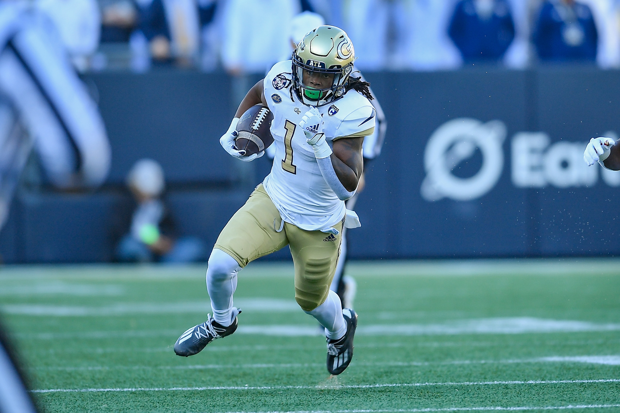 ATLANTA, GA  NOVEMBER 13:  Georgia Tech running back Jahmyr Gibbs (1) runs the ball during the college football game between the Boston College Eagles and the Georgia Tech Yellow Jackets on November 13th, 2021 at Bobby Dodd Stadium in Atlanta, GA.  (Photo by Rich von Biberstein/Icon Sportswire via Getty Images)