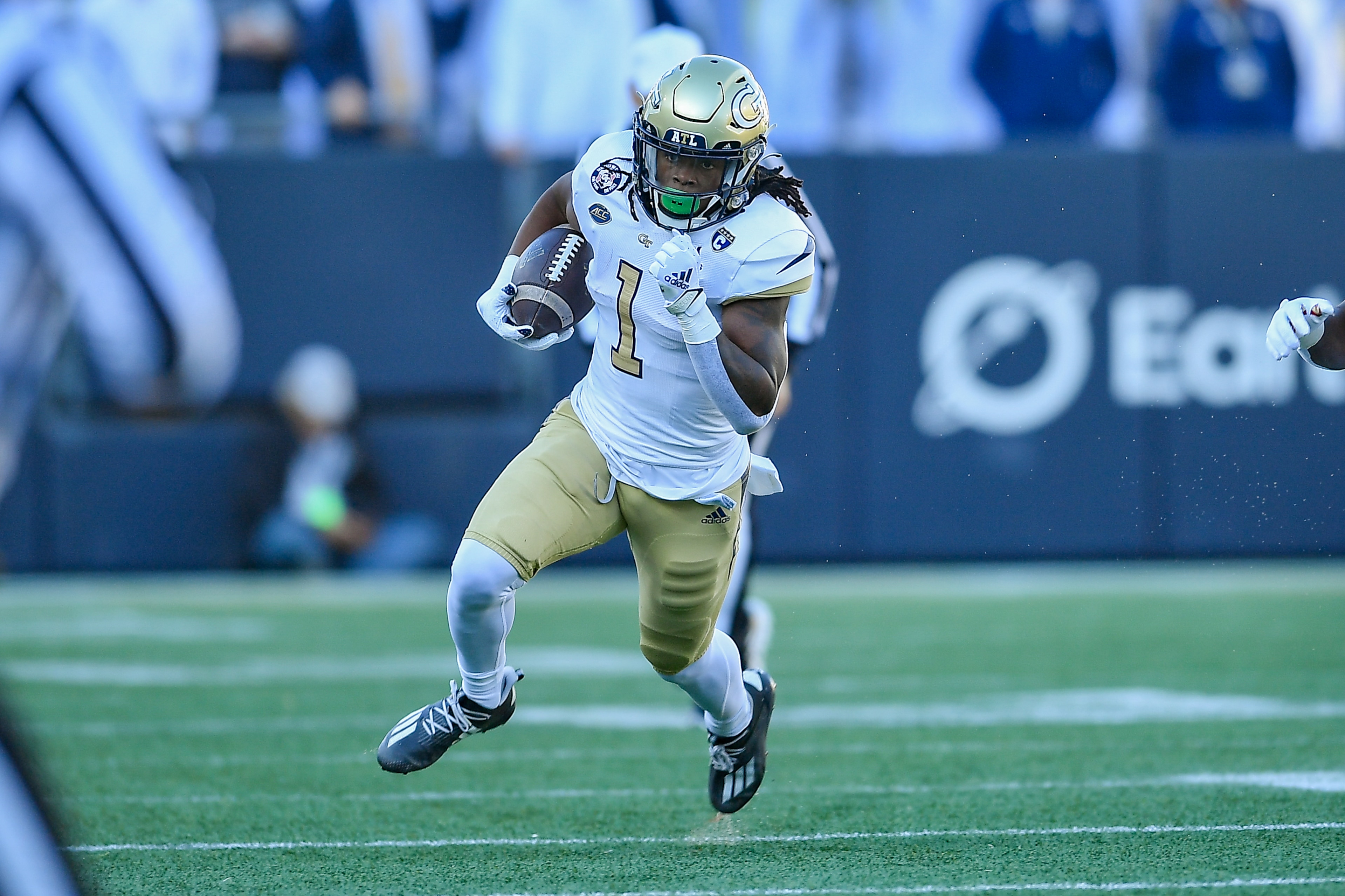 ATLANTA, GA  NOVEMBER 13:  Georgia Tech running back Jahmyr Gibbs (1) runs the ball during the college football game between the Boston College Eagles and the Georgia Tech Yellow Jackets on November 13th, 2021 at Bobby Dodd Stadium in Atlanta, GA.  (Photo by Rich von Biberstein/Icon Sportswire via Getty Images)