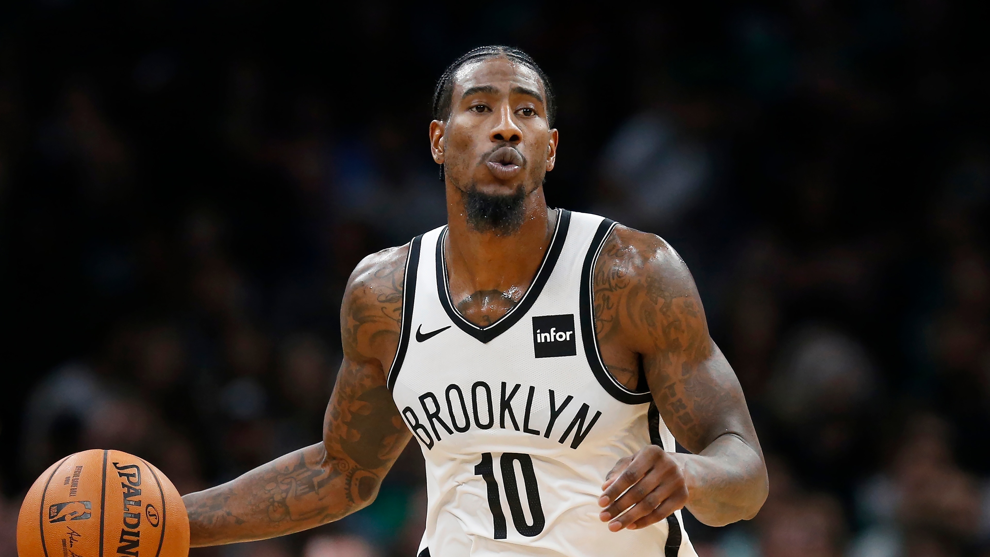 Brooklyn Nets' Iman Shumpert plays against the Boston Celtics during an NBA basketball game in Boston, Wednesday, Nov. 27, 2019. (AP Photo/Michael Dwyer)