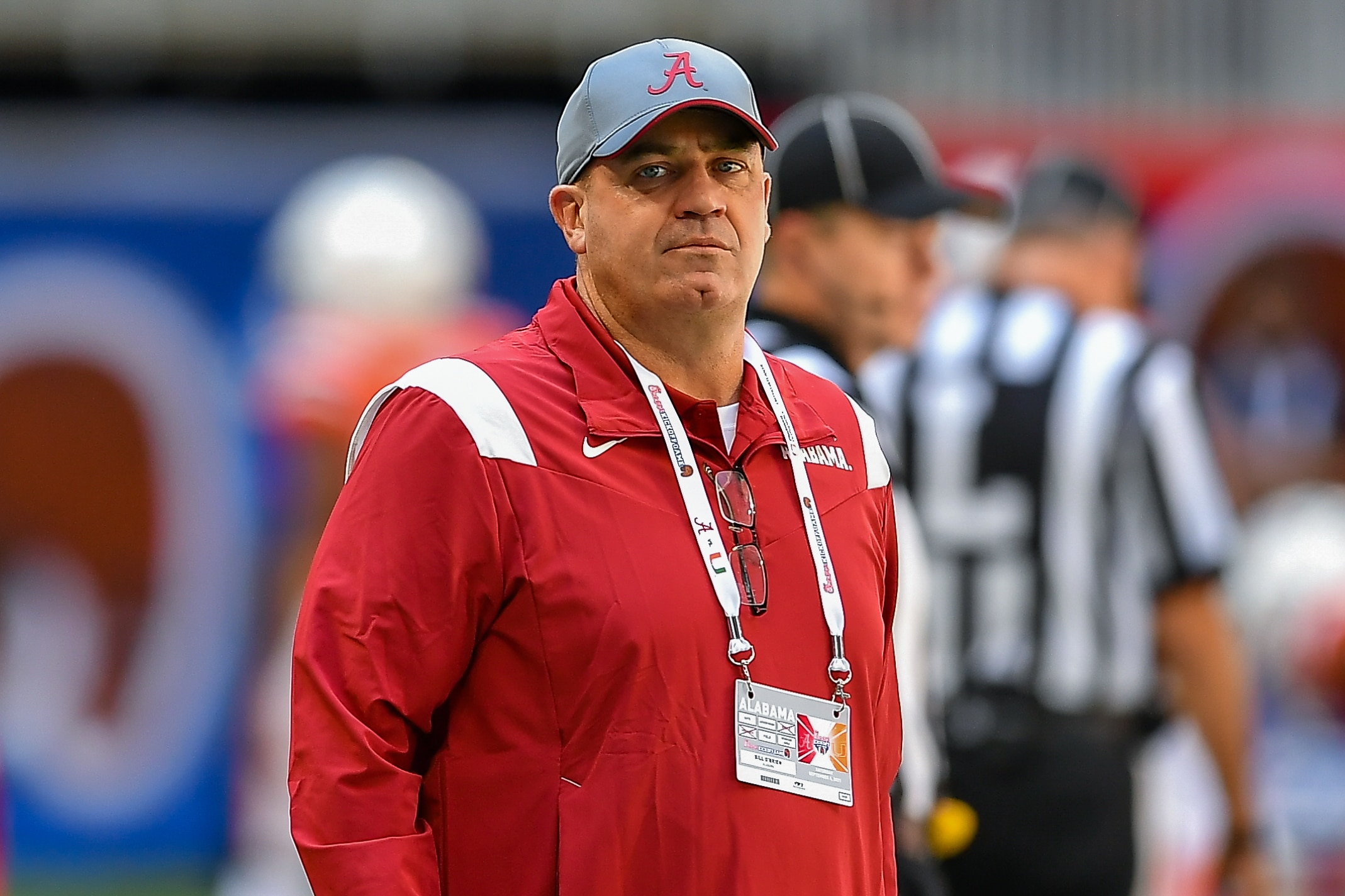 ATLANTA, GA  SEPTEMBER 04:  Alabama assistant coach Bill O'Brien prior to the start of the Chick-fil-A Kick-Off Game between the Miami Hurricanes and the Alabama Crimson Tide on September 4th, 2021 at Mercedes-Benz Stadium in Atlanta, GA.  (Photo by Rich von Biberstein/Icon Sportswire via Getty Images)
