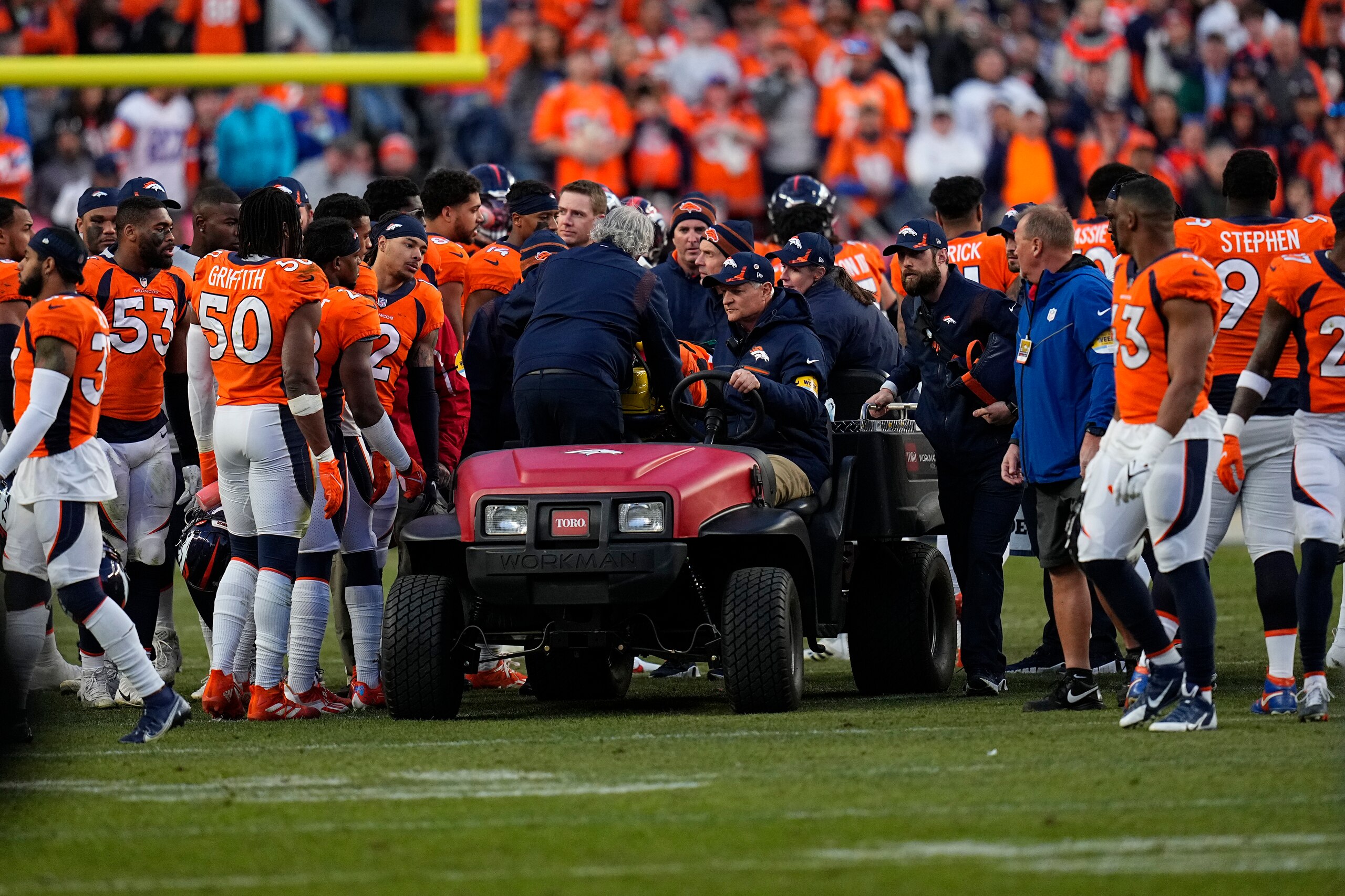Denver Broncos quarterback Teddy Bridgewater (5) is carted off the field after being injured against the Cincinnati Bengals during the second half of an NFL football game, Sunday, Dec. 19, 2021, in Denver. (AP Photo/Jack Dempsey)