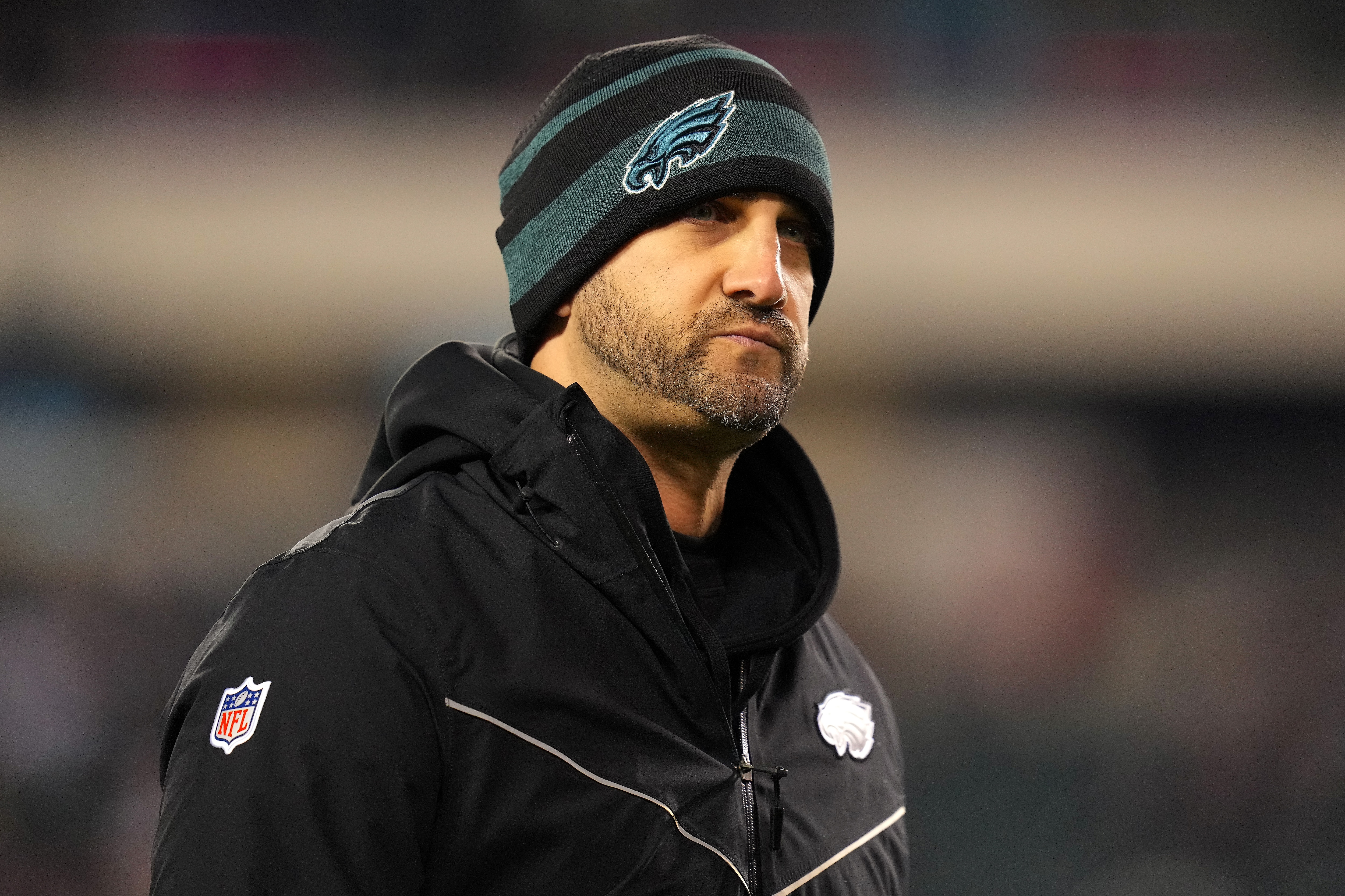 PHILADELPHIA, PENNSYLVANIA - DECEMBER 21: Head coach Nick Sirianni of the Philadelphia Eagles looks on during pregame warm-ups prior to a game against the Washington Football Team at Lincoln Financial Field on December 21, 2021 in Philadelphia, Pennsylvania. (Photo by Mitchell Leff/Getty Images)