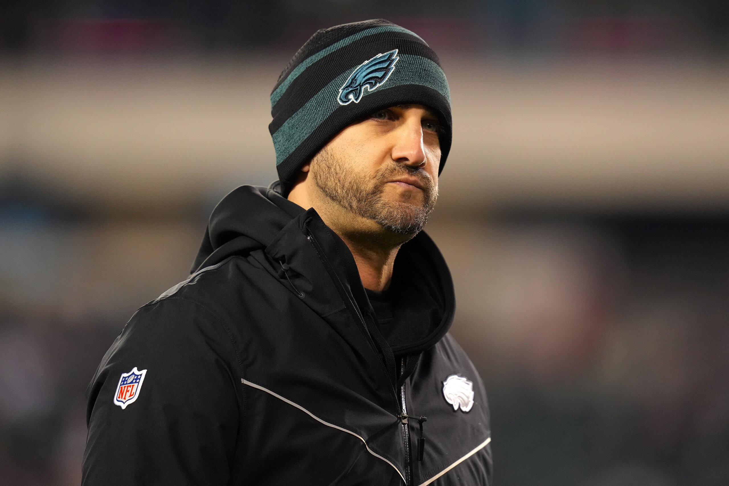 PHILADELPHIA, PENNSYLVANIA - DECEMBER 21: Head coach Nick Sirianni of the Philadelphia Eagles looks on during pregame warm-ups prior to a game against the Washington Football Team at Lincoln Financial Field on December 21, 2021 in Philadelphia, Pennsylvania. (Photo by Mitchell Leff/Getty Images)
