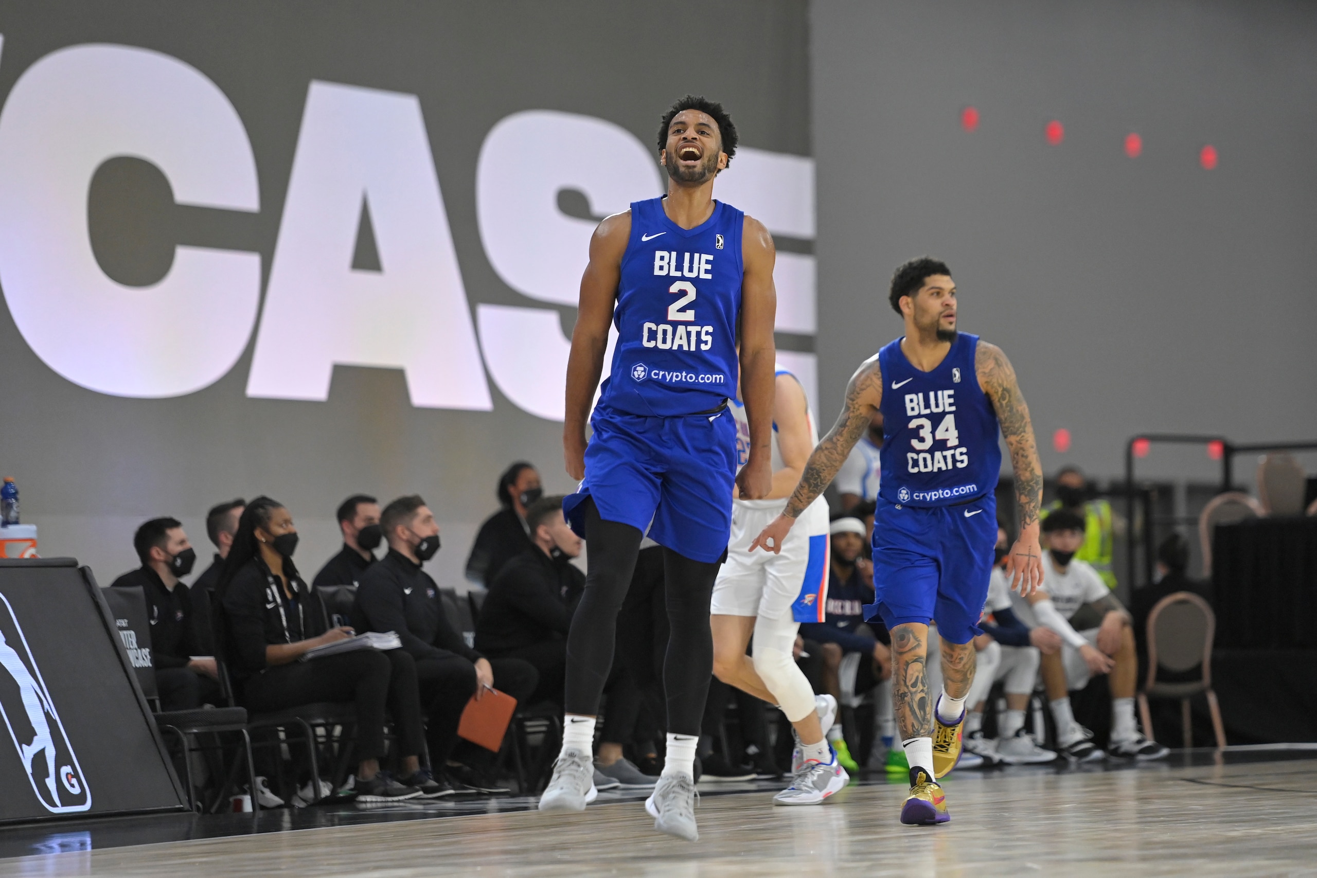 LAS VEGAS, NV - DECEMBER 22: Braxton Key #2 of the Delaware Blue Coats celebrates during the 2021 G League Winter Showcase Championship Game at the Mandalay Bay on December 22, 2021 in Las Vegas, Nevada. NOTE TO USER: User expressly acknowledges and agrees that, by downloading and or using this photograph, User is consenting to the terms and conditions of the Getty Images License Agreement. Mandatory Copyright Notice: Copyright 2021 NBAE (Photo by David Becker/NBAE via Getty Images)