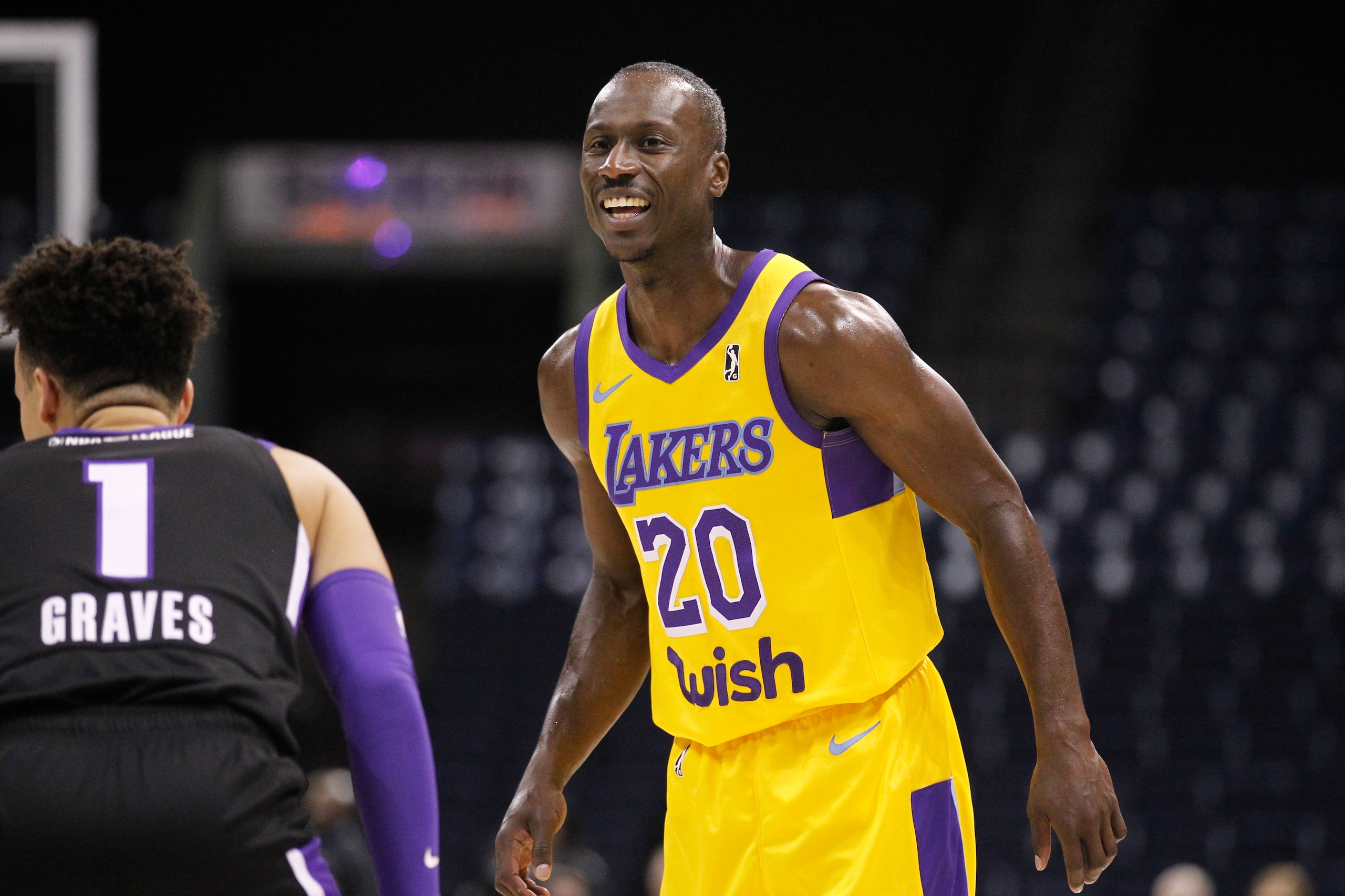 STOCKTON, CA - DECEMBER 17: Andre Ingram #20 of the South Bay Lakers reacts against the Stockton Kings during an NBA G-League game on December 17, 2019 at Stockton Arena Center in Stockton, California. NOTE TO USER: User expressly acknowledges and agrees that, by downloading and or using this photograph, User is consenting to the terms and conditions of the Getty Images License Agreement. Mandatory Copyright Notice: Copyright 2019 NBAE (Photo by Jack Arent/NBAE via Getty Images)