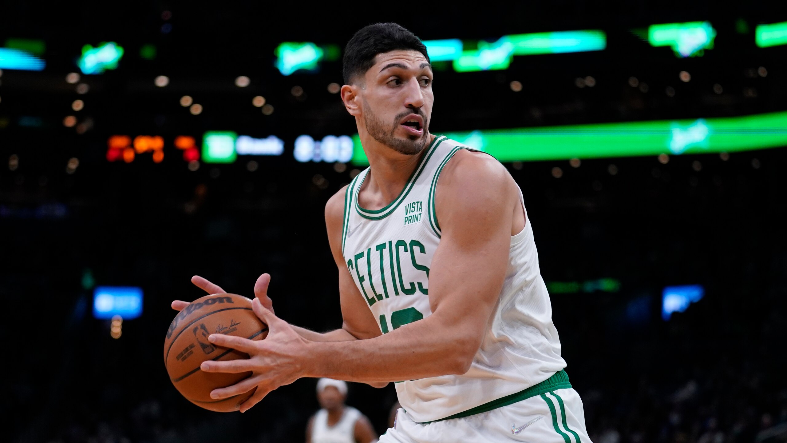 Boston Celtics center Enes Kanter Freedom during an NBA basketball game, Thursday, Dec. 2, 2021, in Boston. (AP Photo/Charles Krupa)