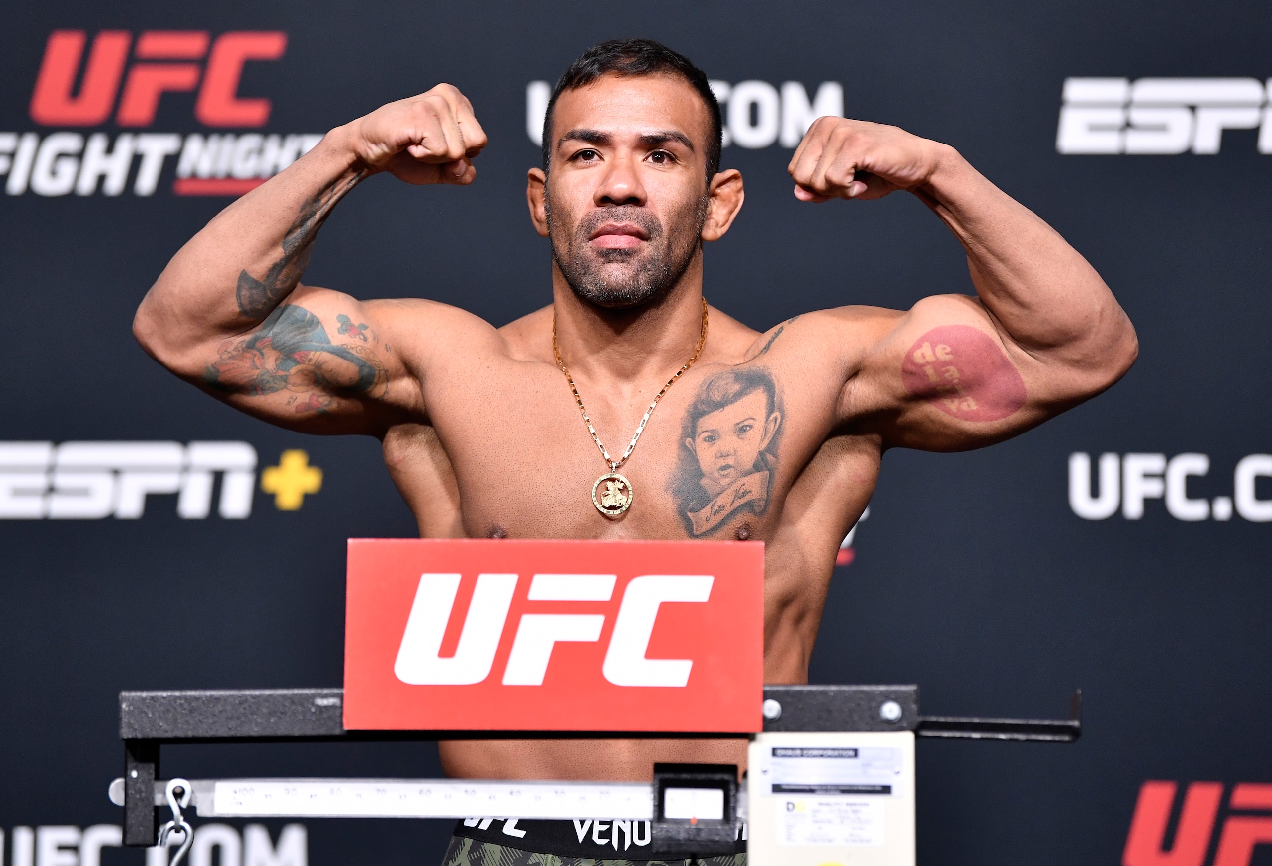 LAS VEGAS, NEVADA - JUNE 25: Michel Prazeres of Brazil poses on the scale during the UFC weigh-in at UFC APEX on June 25, 2021 in Las Vegas, Nevada. (Photo by Chris Unger/Zuffa LLC)