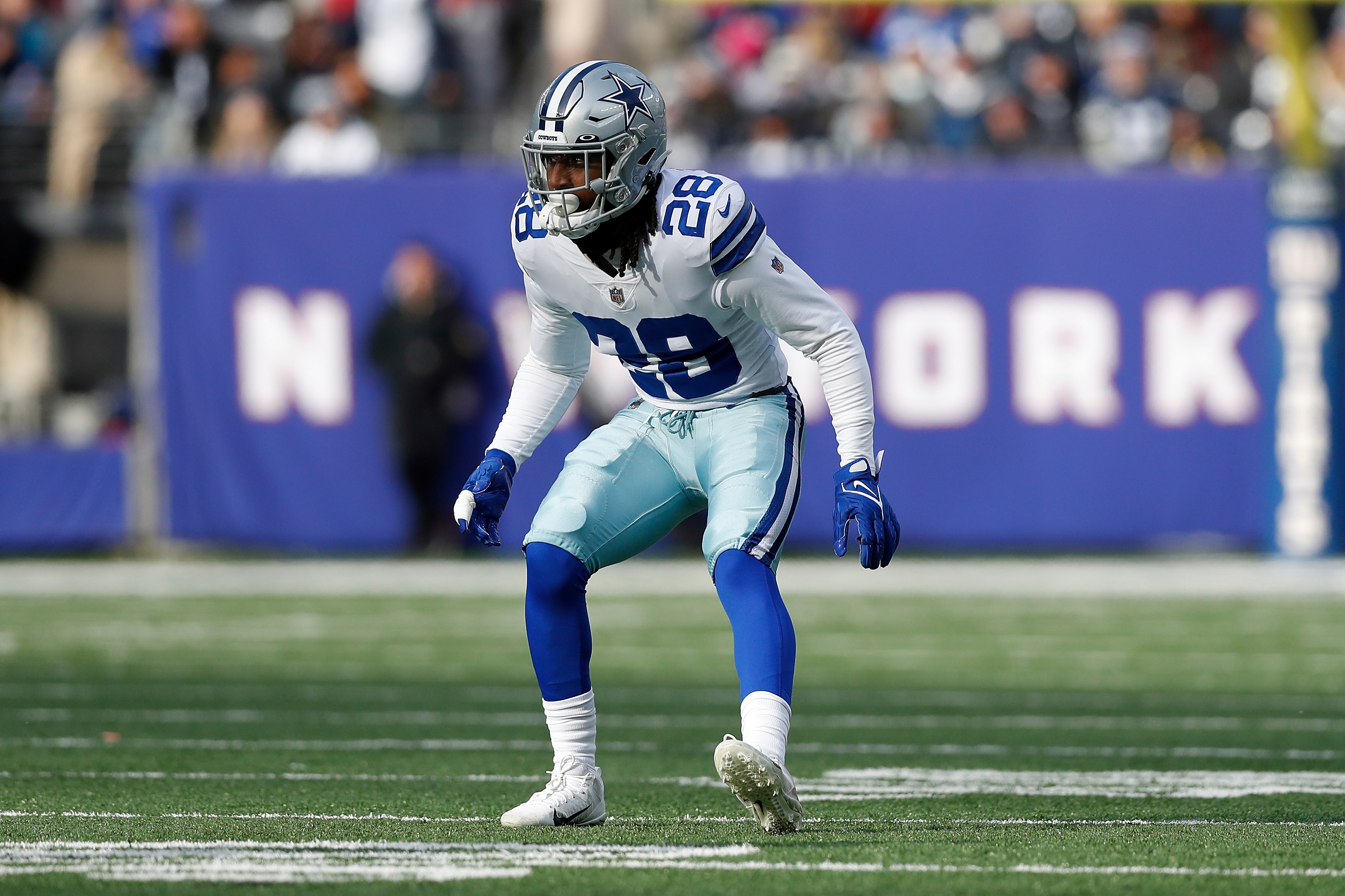 Dallas Cowboys safety Malik Hooker (28) in coverage during an NFL football game against the New York Giants, Sunday, Dec. 19, 2021, in East Rutherford, N.J. The Dallas Cowboys defeated the New York Giants 21-6. (AP Photo/Steve Luciano)