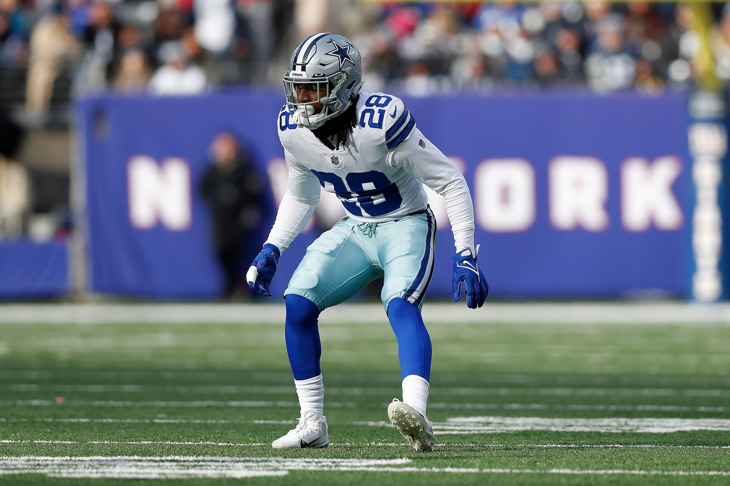 Dallas Cowboys safety Malik Hooker (28) in coverage during an NFL football game against the New York Giants, Sunday, Dec. 19, 2021, in East Rutherford, N.J. The Dallas Cowboys defeated the New York Giants 21-6. (AP Photo/Steve Luciano)