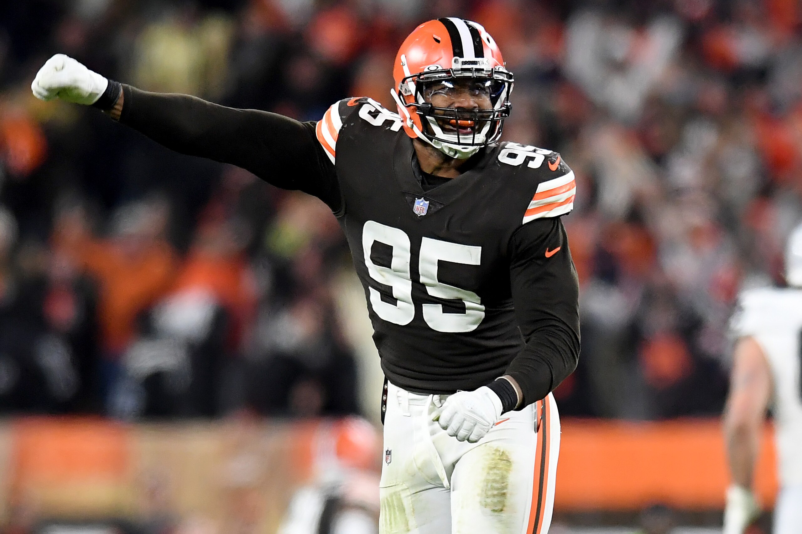 CLEVELAND, OHIO - DECEMBER 20: Myles Garrett #95 of the Cleveland Browns reacts during the game against the Las Vegas Raiders at FirstEnergy Stadium on December 20, 2021 in Cleveland, Ohio. (Photo by Nick Cammett/Getty Images)
